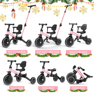 XJD Toddler Bike - 6 in 1 Folding Tricycle for 1-4 Years, Carbon Steel, Pink, Adjustable Seat & Handle, Removable Pedal, Backrest