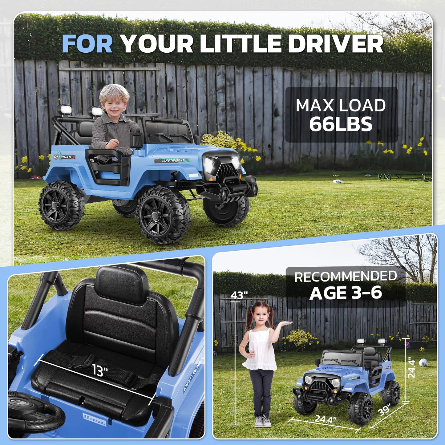 Hikole Kids Ride On Car Truck, 12 Volt Kids Electric Jeeps With Remote, Battery Powered Cars For Kids, 3 Speeds, Music Bluetooth, Safty Belts, Led Lights, Idea Gifts For Boys, Slate Blue