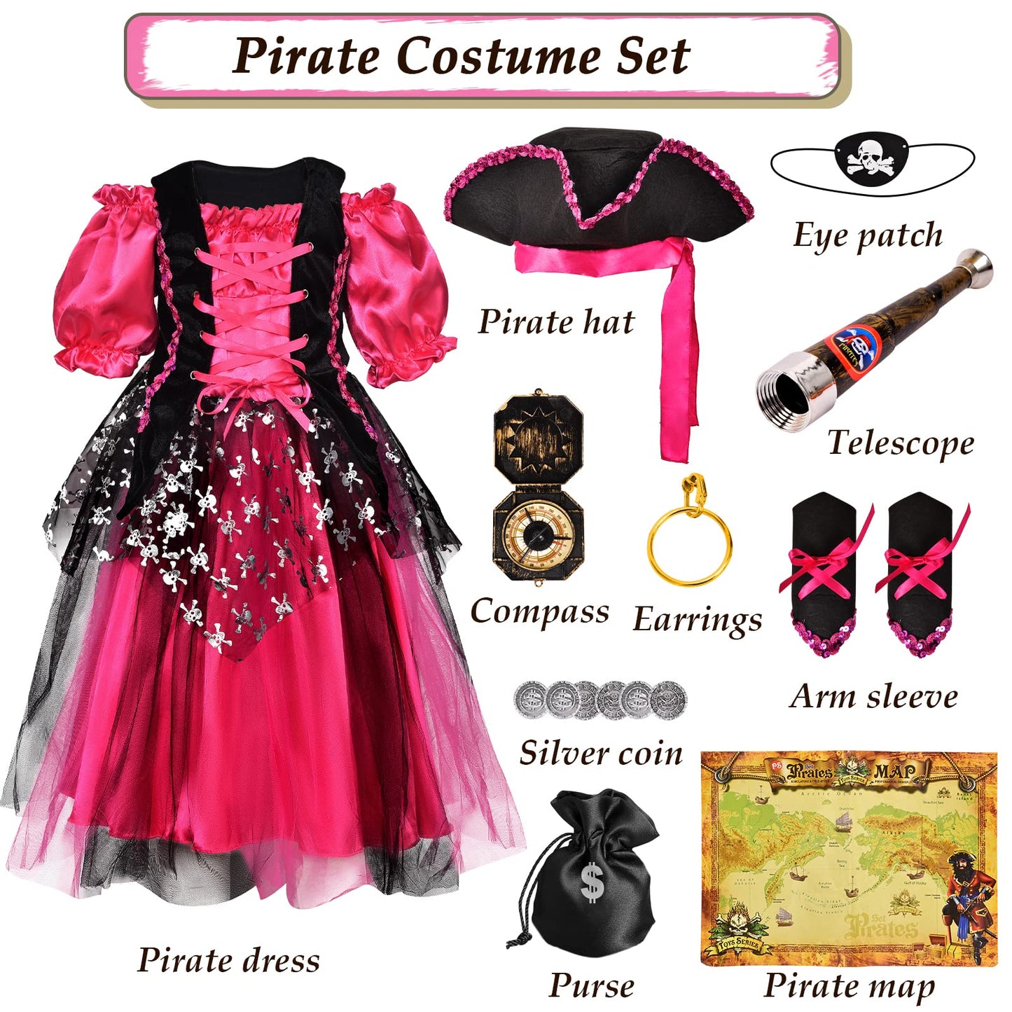 G.C Pirate Costume Kids Girls Dress Up Pretend Play Pirate Dress With Accessories Deluxe Halloween Buccaneer Princess Outfit