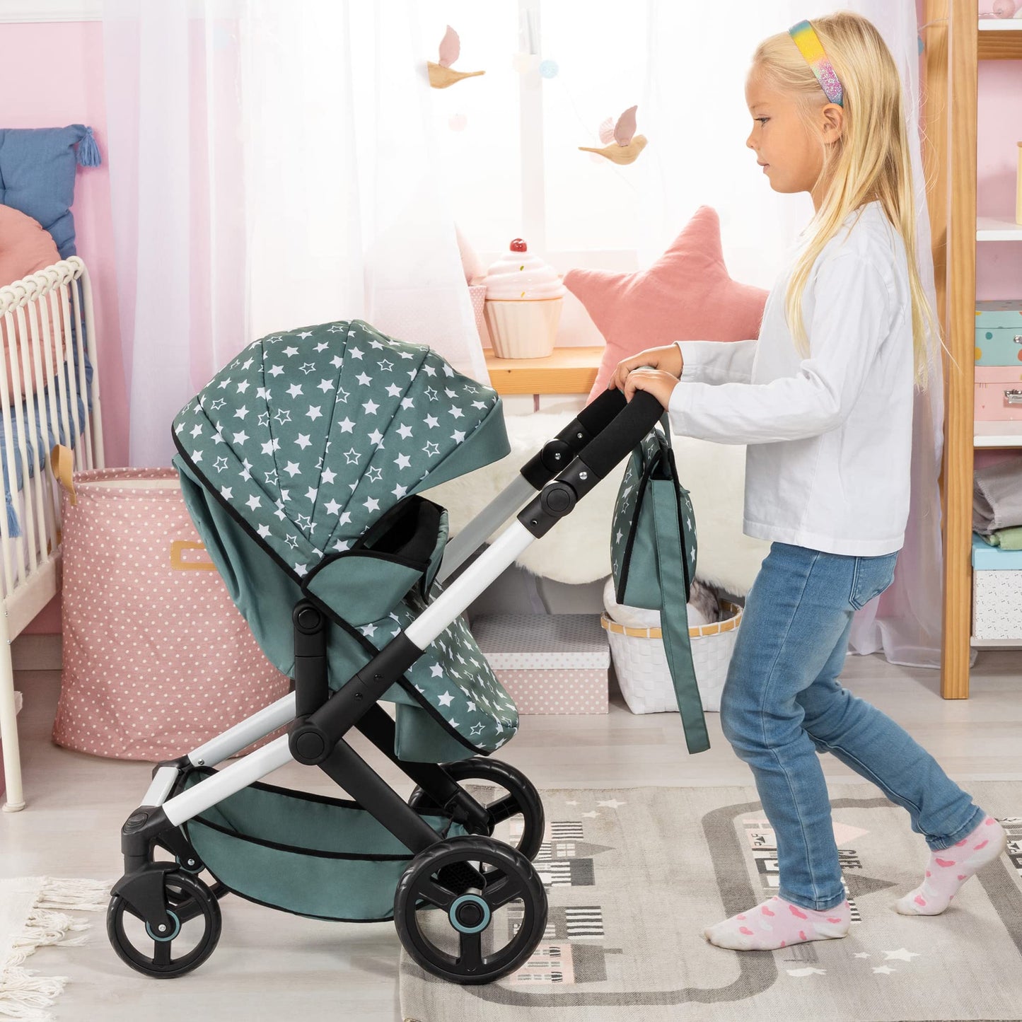 Bayer Design Dolls: Pram Xeo: Stars Green & White - Matching Handbag, Adjustable Handle, For Dolls Up To 20'', Ages 3+