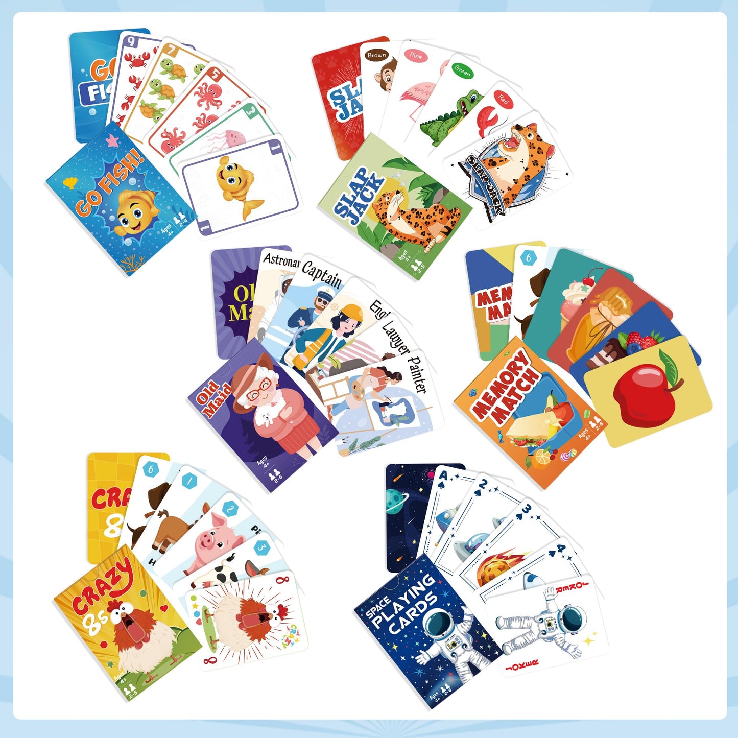 Card Games,6 Decks,Go Fish,Old Maid,Crazy 8S,Memory Match,Slap Jack,Space Playing Cards,Fun Game Cards For Kids Toddlers And Adu