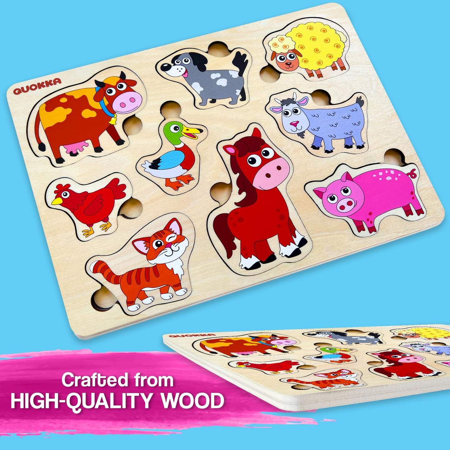 Quokka Farm Animals Wooden Puzzles For Toddlers 3-5 - Toddler Puzzles 1-3 Years Old - Gift Domestic Animals Educational Toys For Boys & Girls - Wood Games For Children'S Learning 2-4