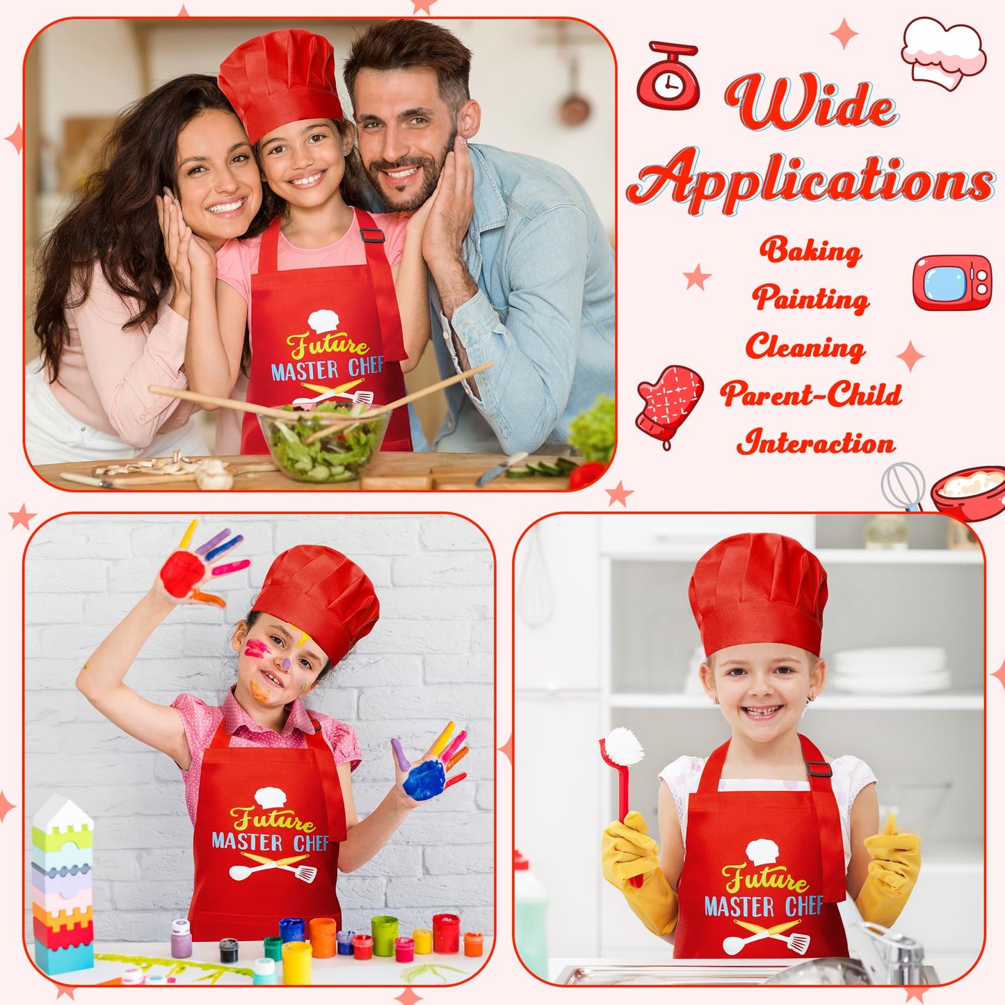R HORSE 2Pcs Kid Apron and Chef Hat Set Adjustable Children Red Kitchen Apron Cooking Baking Painting and Training Kits Dress up