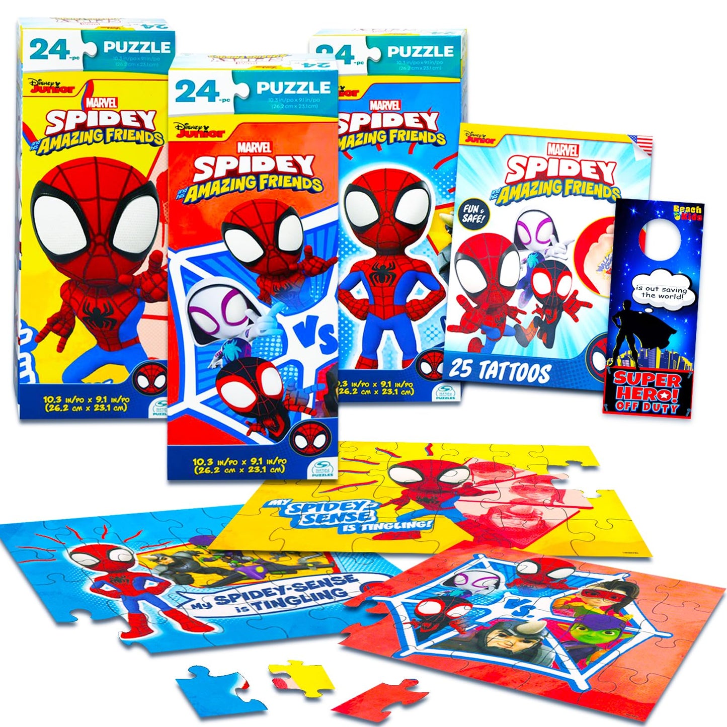 Spidey and Friends Jigsaw Puzzle Set - 3 Pack Spidey Puzzle Bundle with Tattoos and More for Kids Adults (Spidey and Friends Par