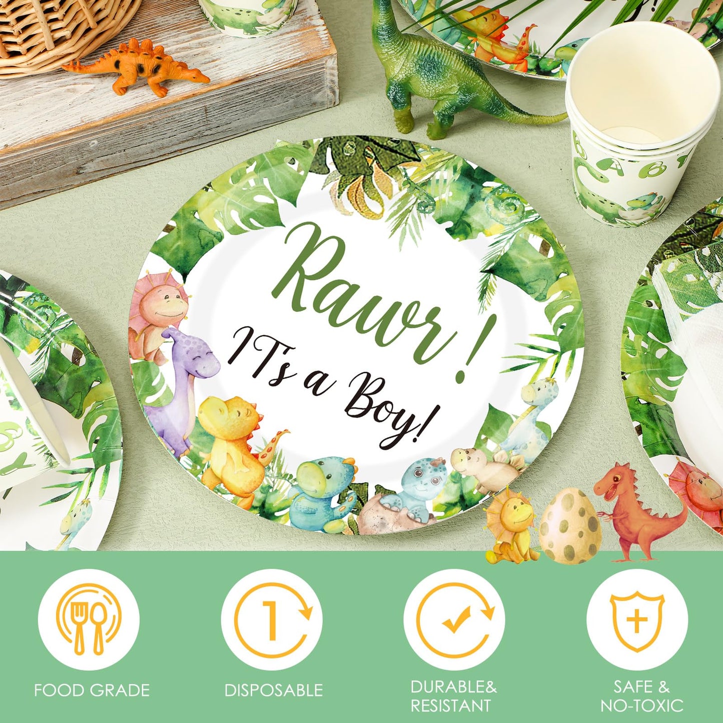 200 Pcs Dinosaur Baby Shower Paper Plates Napkins Cups Baby Shower Party Supplies Tableware Set Dinosaur Disposable Cup Napkin F