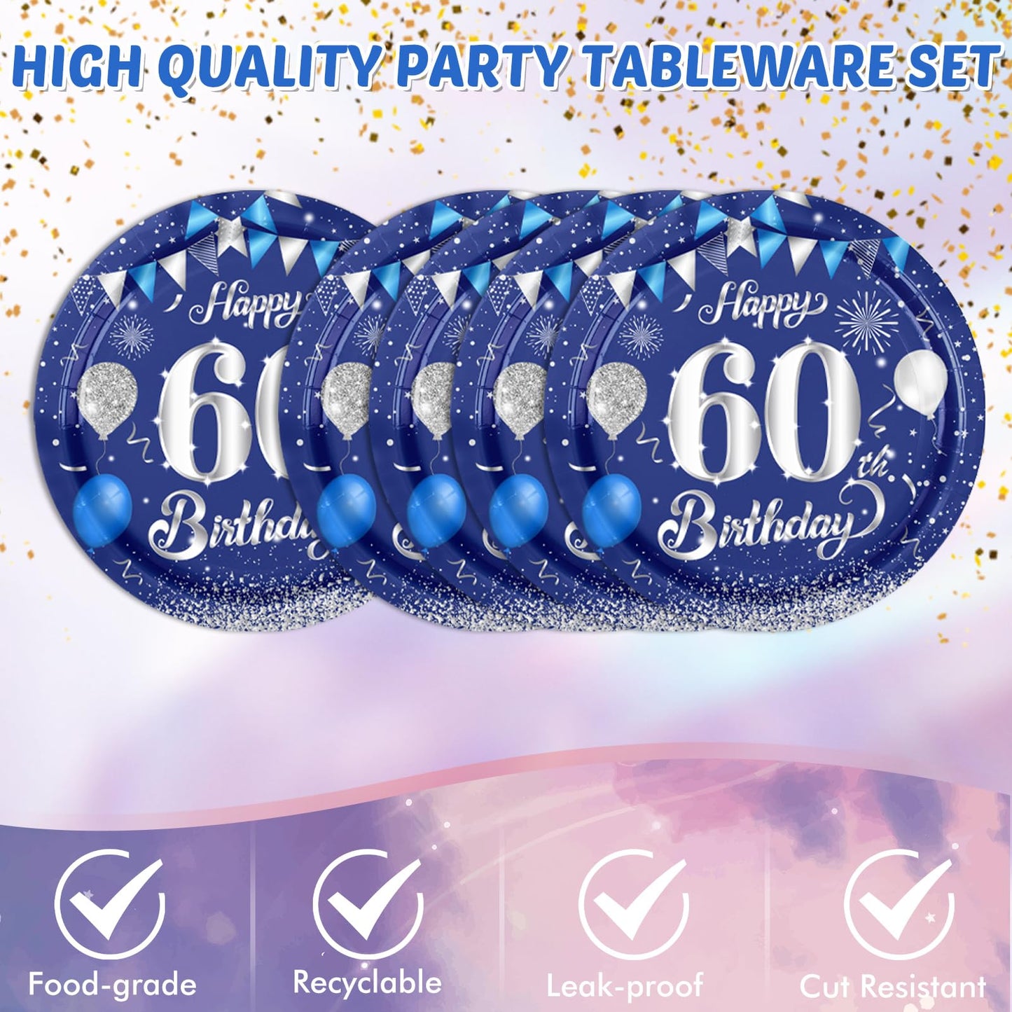 Blue 60Th Birthday Decorations For Men Navy Blue Silver Happy 60Th Birthday Tableware Set Include Happy 60Th Birthday Plates Nap