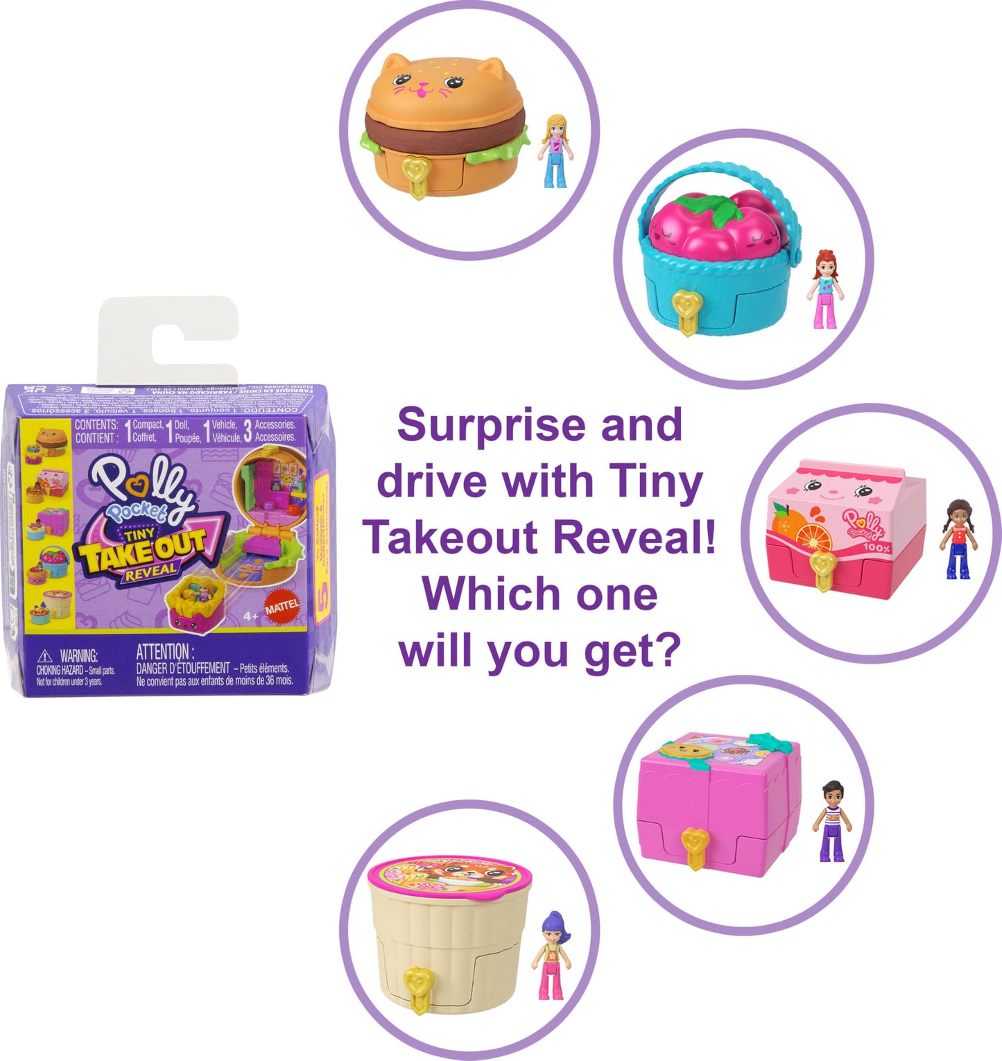 Polly Pocket Micro Dolls & Compacts With Toy Cars, Food Theme Vehicle Collection, Tiny Take Out Reveal Assortment With Surprises