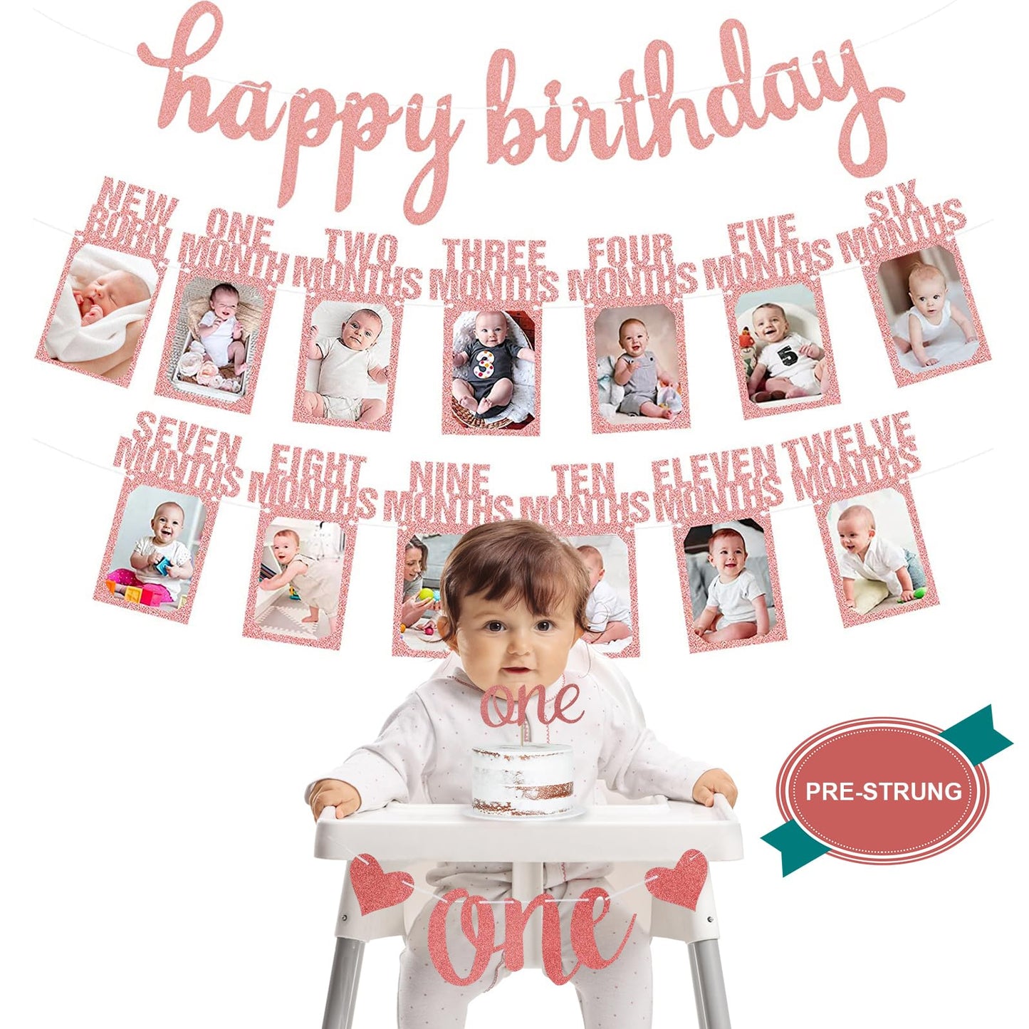 1St Birthday Baby Photo Banner, Happy Birthday Banner 17Pcs First Birthday Decorations For Girl Newborn To 12 Months, First Birt