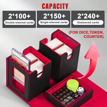 Kabinka Deck Box for MTG with Commander Display 3 in 1 Trading Card Storage Box Fit 200 Double-sleeved Cards Removable Deck Case for TCG/Sports Cards with 2 Magnetic Card Holders (Black Red)