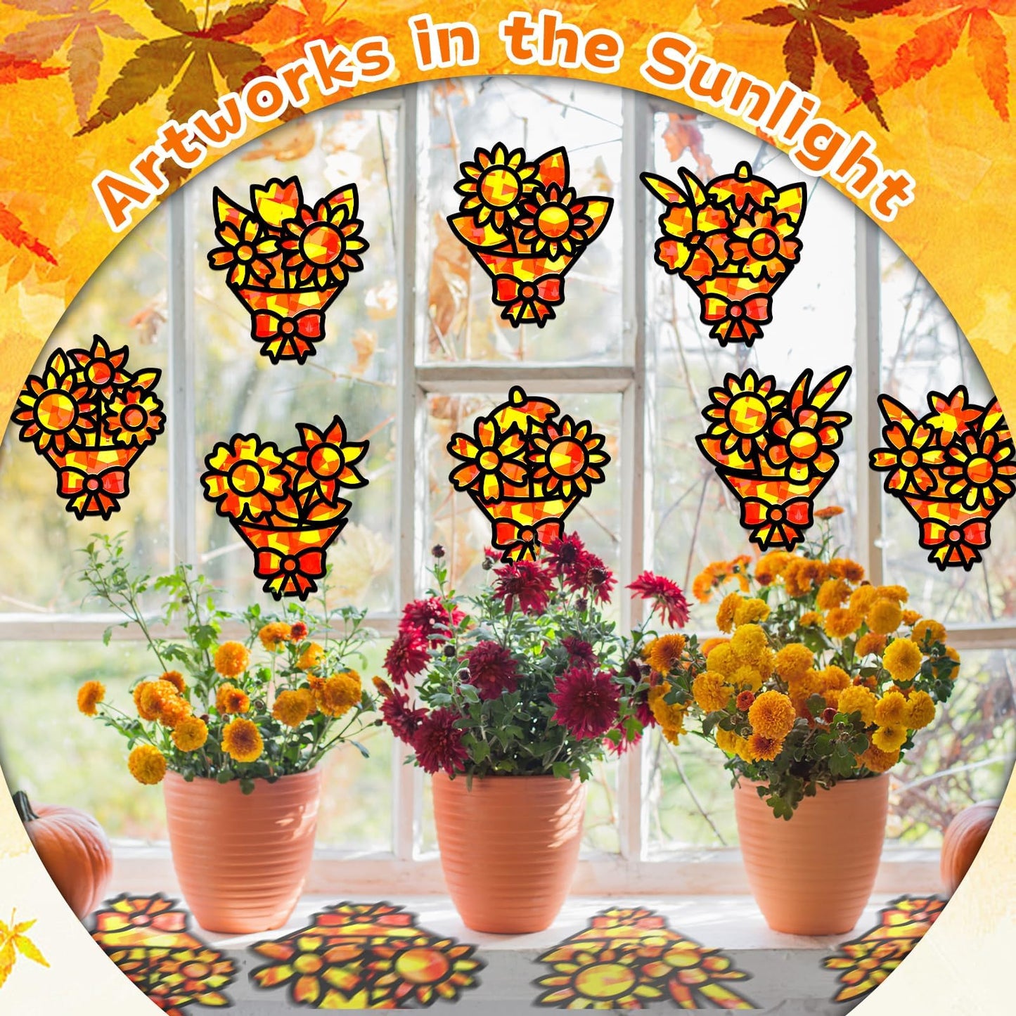 QOUBAI 32 Sets Fall Bouquet Suncatchers Craft Kit DIY Window Stained Glass Effect Autumn Bouquet Paper Crafts Home School Classr