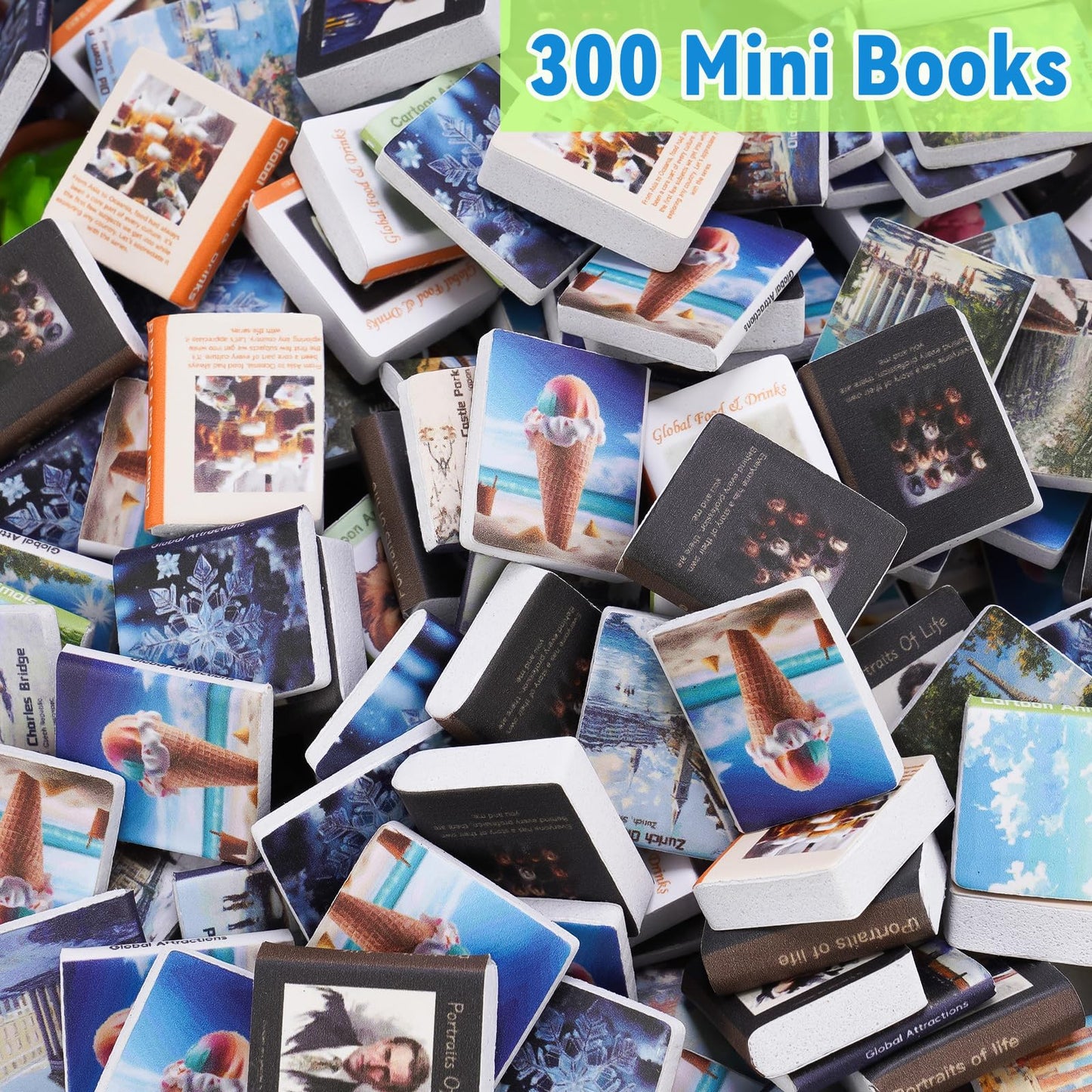 NiHome 300PCS Mini Books for Anxiety Bookshelf Two Thickness Designs Tiny Foam Set with Realistic Printed Covers 200 Thin+100 Thick Miniature Pieces for Dollhouse & DIY Crafts Library Scene Decors
