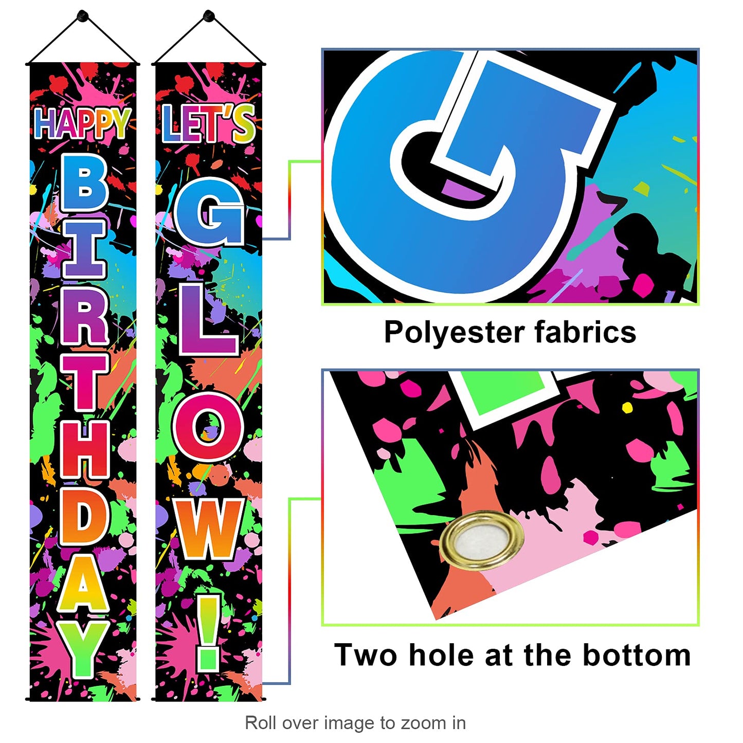 Glow Neon Birthday Party Decorations Supplies, Lets Glow & Happy Birthday Door Banner Sign Supplies, Glowing Themed Birthday Por