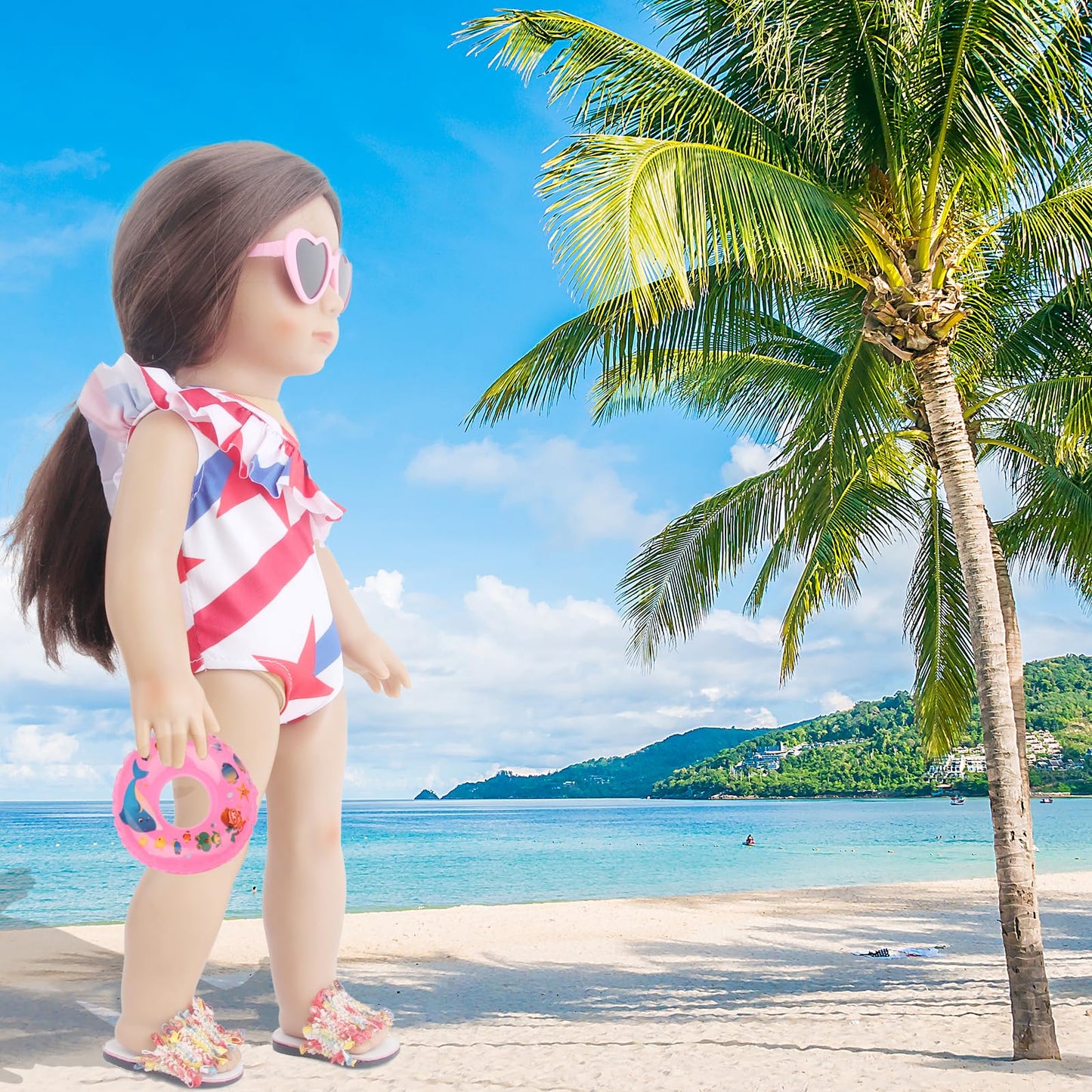 Msyo 18 Inch Doll Summer Outfits Set, Vibrant Doll Swimming Playset For American Doll Girls, Includes Doll Bikini Swimsuits, Heart-Shaped Sunglasses, Goggles, Sandals And Inflated Swimming Ring