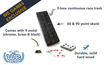 We Games 3 Player Wood Cribbage Set - Easy Grip Pegs And 2 Decks Of Cards Inside Of Board - Black Stained