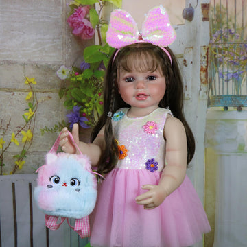 Wawa-Haokeai Reborn Toddler Stand Doll -22 Inch Sunday Best With 3D Painted On Smiles Face, Full Vinyl With Rooted Hair