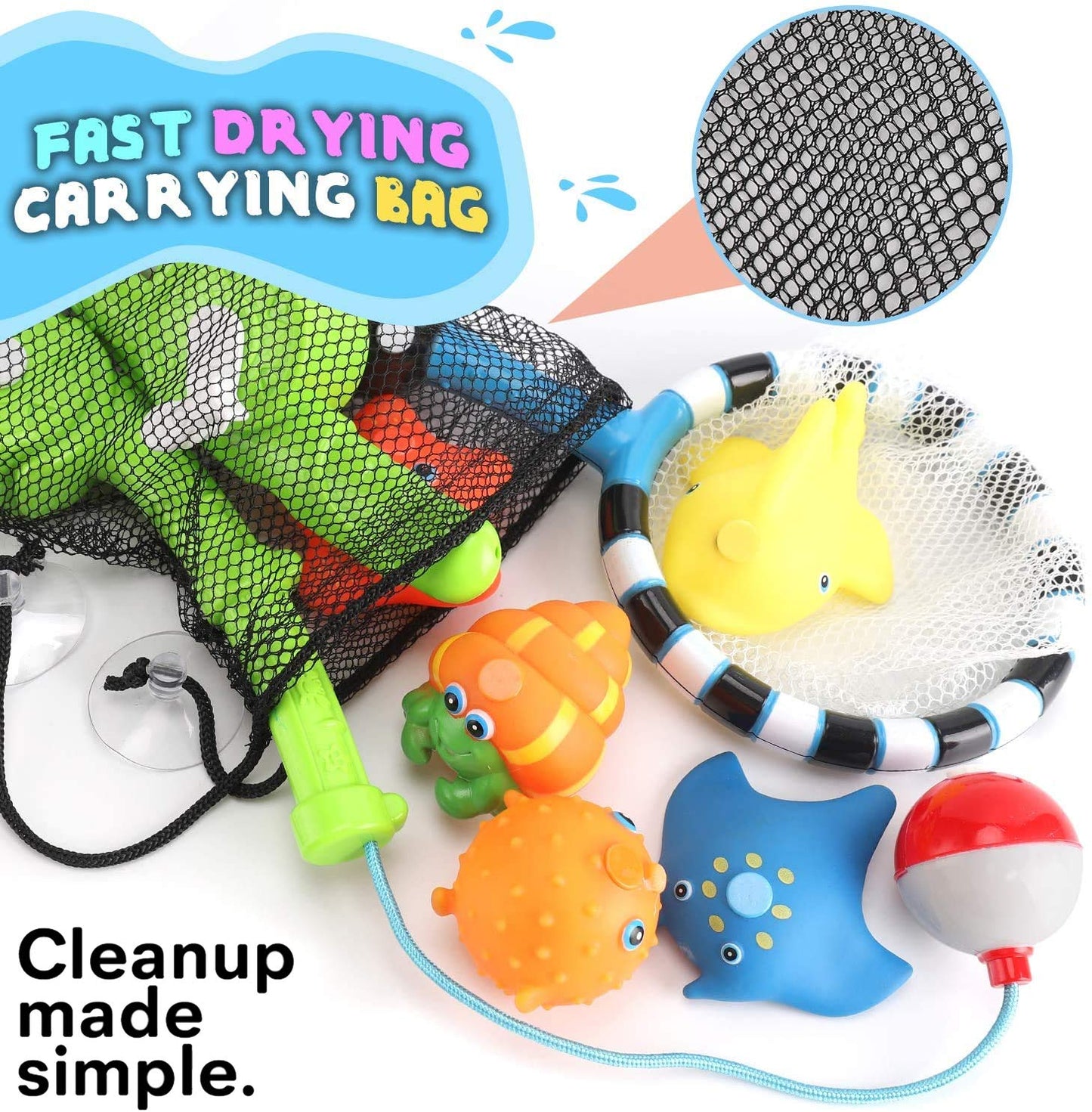 Magnetic Toddler Bath Toys | Kids Fishing Pool Game Set Of 2 Fishing Poles, 8 Rubber Sea Animals, & Net | Water Toys With Mesh O