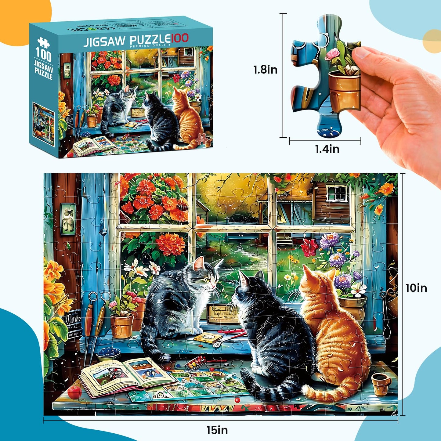100 Pieces Puzzles For Kids Ages 4-8,Cute Cats And Flowers Jigsaw Puzzle,Sturdy&Safe Puzzle For Toddler Children Seniors, Large Piece, Engaging & Educational Toys Great Gift For Boys Girls,15X10 In