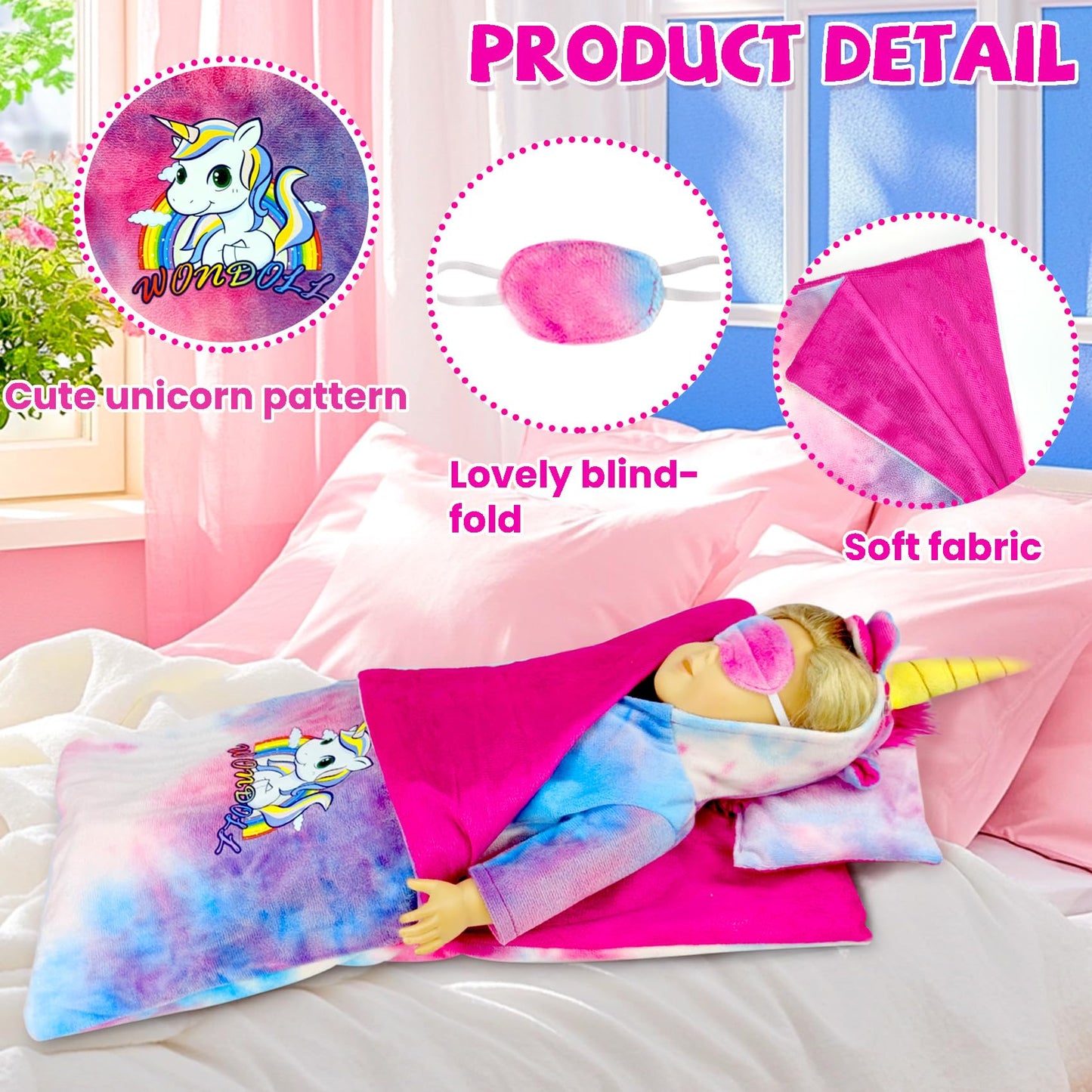 Wondoll 18-Inch Doll Clothes And Doll Sleeping Bag Set With Matching Sleepover Masks & Pillow