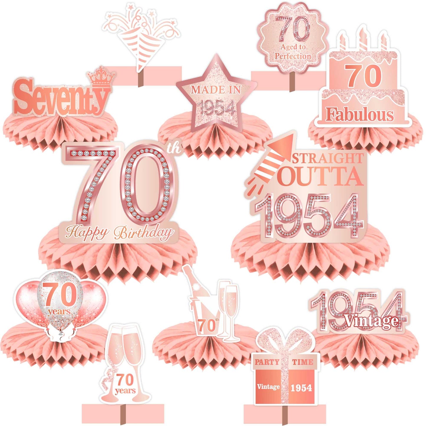 Happy 70Th Birthday Rose Gold Table Honeycomb Centerpieces Balloons Theme Decor Table Decorations Table Toppers For Girls Women Sweet Princess 70 Years Old Pink Birthday Party Bday Supplies Ornament