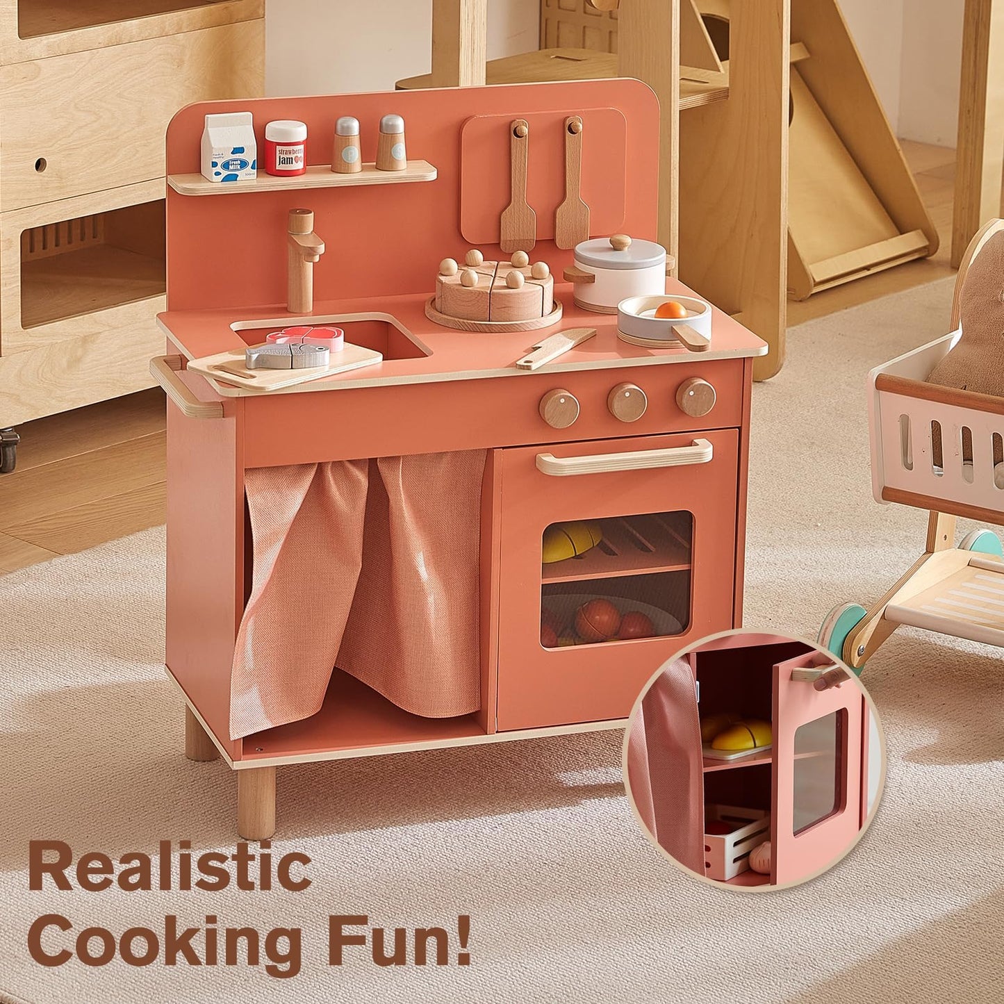 Giant bean Wooden Play Kitchen, Nordic Play Kitchen for Toddlers 1-3, Kitchen Playset for Kids with Cookware Accessories, Preten