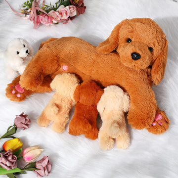 Hydren Nurturing Dog Stuffed Animal Sets Soft Cuddly Golden Retriever Plush Toys Nursing Mommy Dog With 4 Stuffed Baby Puppies F