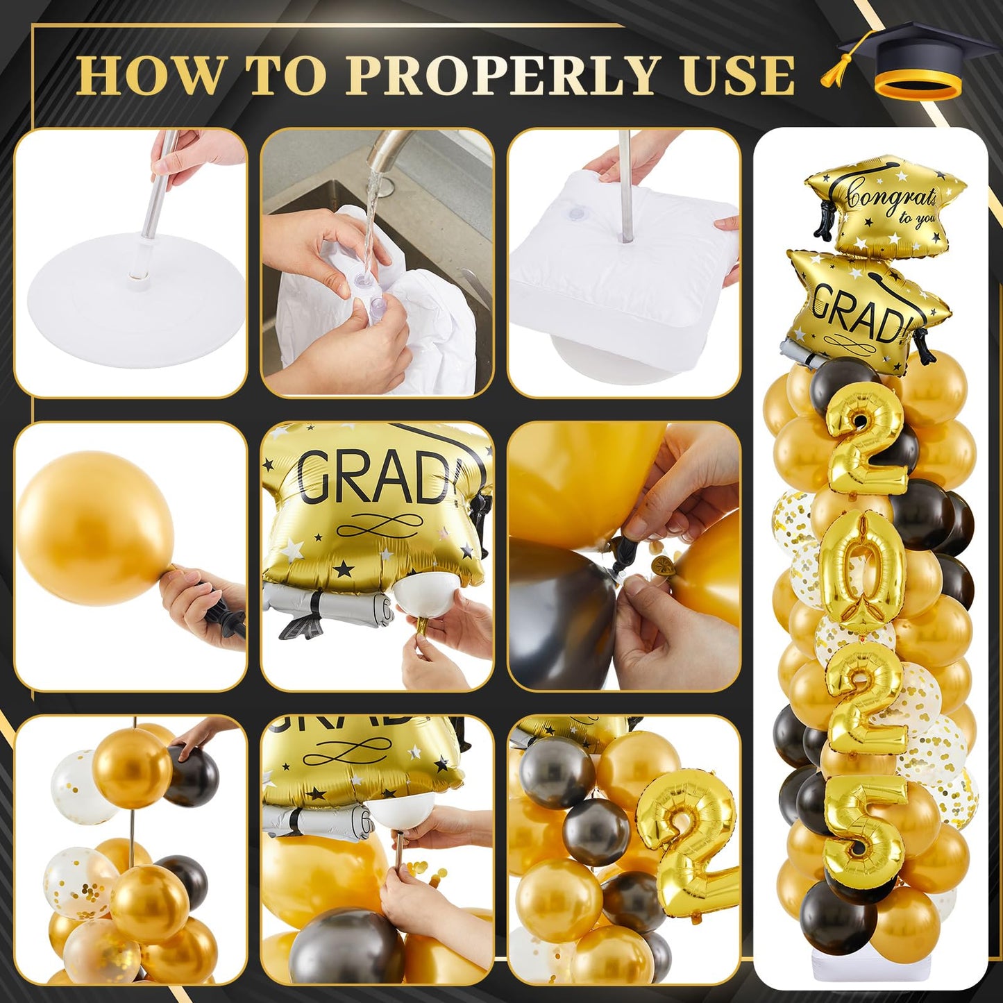 Gejoy 4 Sets Graduation Balloon Column Stand Kit with 314 Pcs Black Gold Latex Balloons 2025 Letters 6.5 ft Adjustable Metal Tub