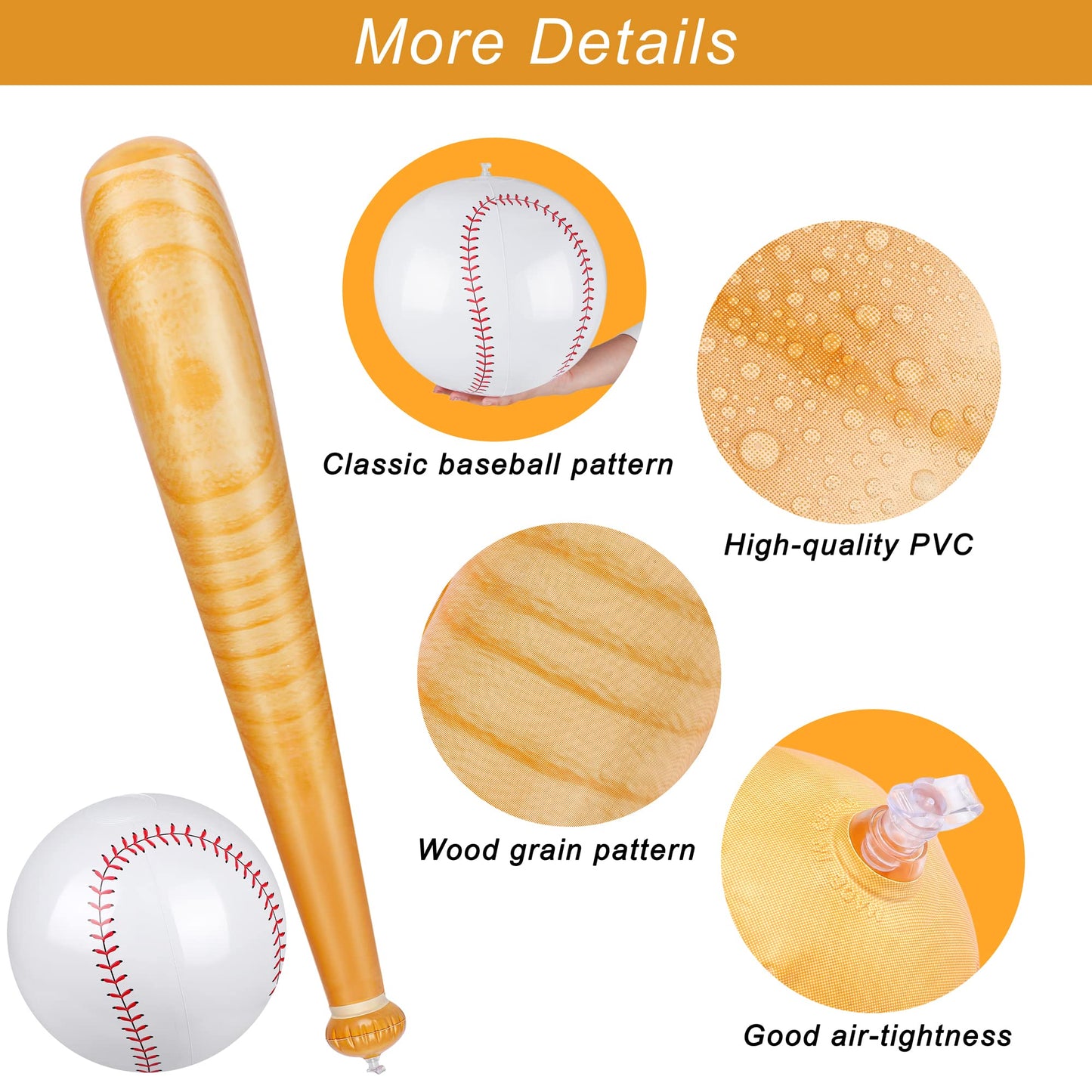 Durony 5 Pieces Inflatable Baseball Set Including 2 Piece 31.5 Inch Baseball Bat Inflates 3 Piece 5.5 Inch Beach Baseball Sports
