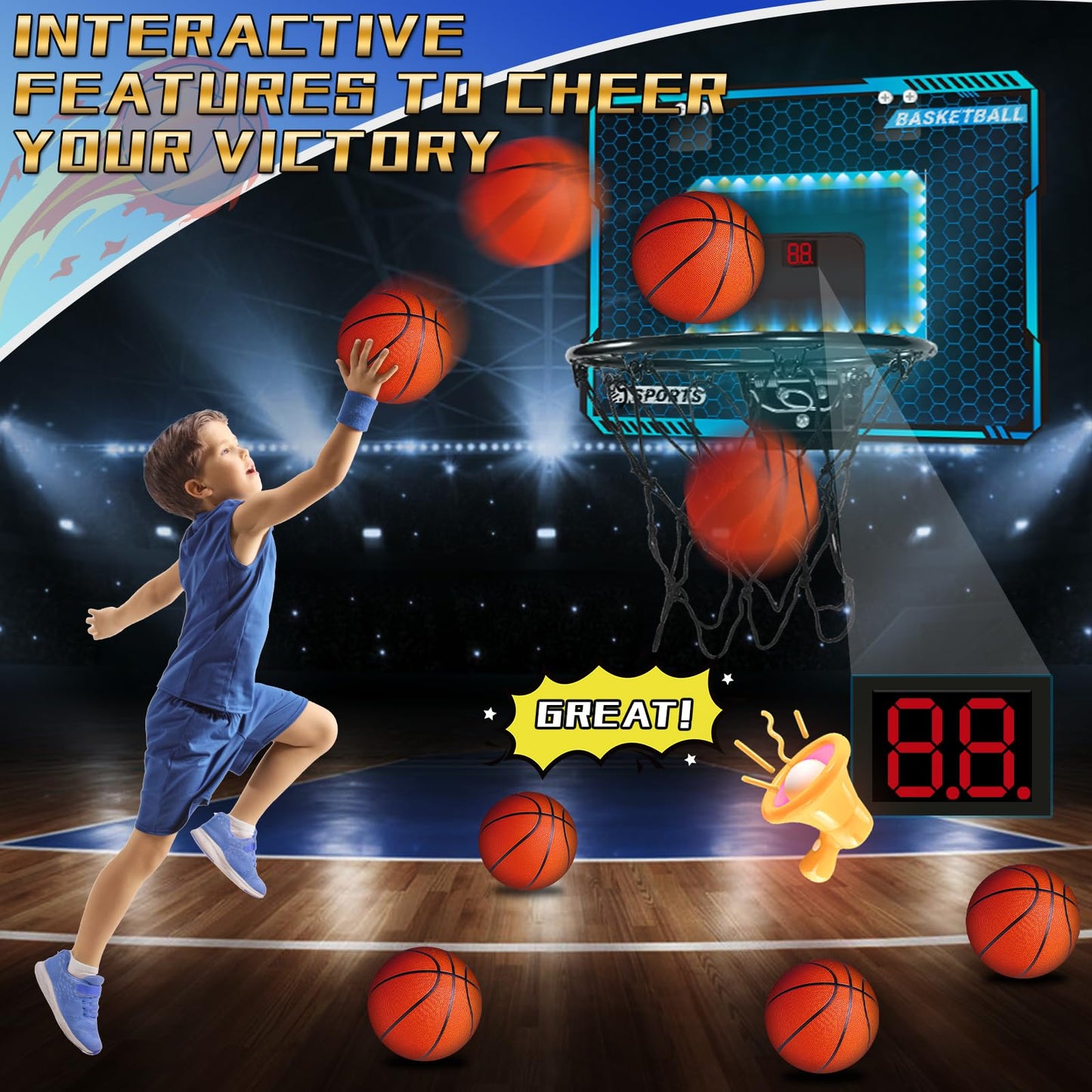 Basketball Hoop Indoor With Led Lights, Basketball Toys Gifts For 5 6 7 8 9 10+ Year Old Boys Kids, Indoor Over The Door Mini Ba