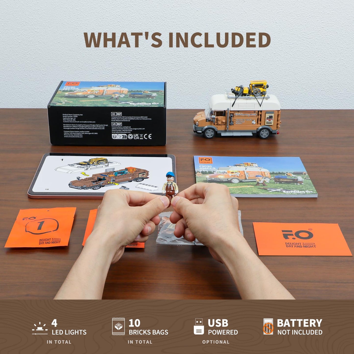 FUNWHOLE Carpentry Van Lighting Set - 496 Pcs Building-Bricks for Adults & Teens, Model F9030, Plastic Collectible Display