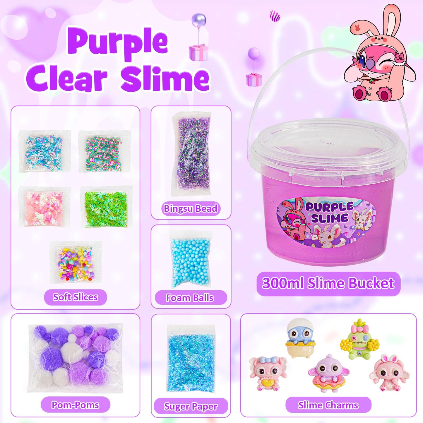 Purple Slime Kit, Clear Slime Bucket, Slime Party Favors For Kids, Crunchy Slime Includes 10 Packs Of Slime Add-Ins, Sensory Toy