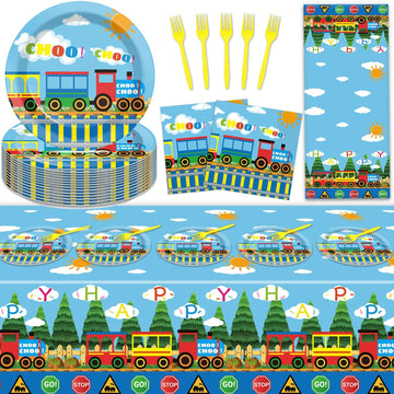 Gisgfim Train Birthday Party Supplies Train Theme Party Tableware Includes Train Party Plates Napkins Fork And Train Theme Table