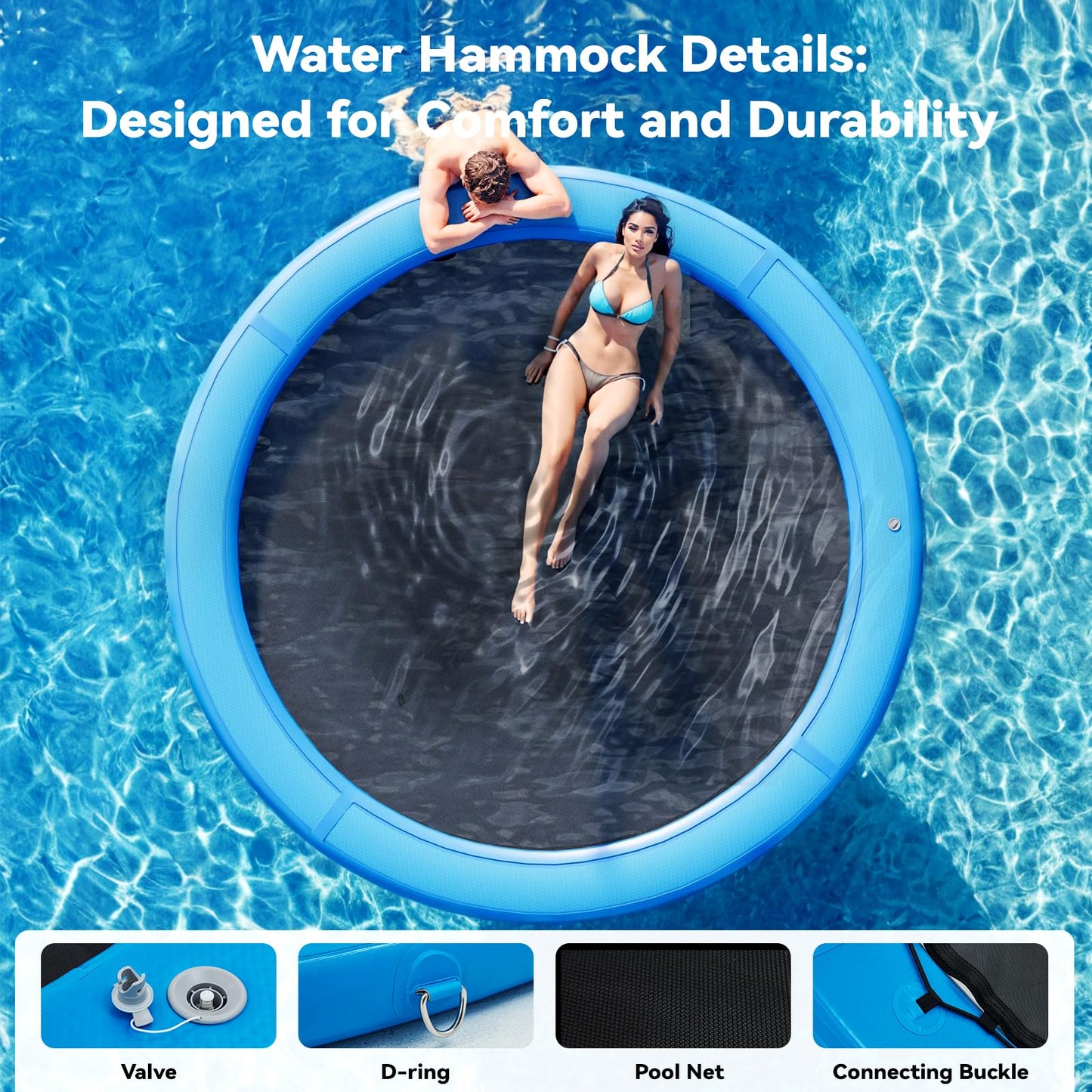 Danrelax 10' Round Inflatable Floating Dock, Sunchill Float Ring, Hammock Tanning Pool With 4In Woven Fabric, Manual Pump For 1-
