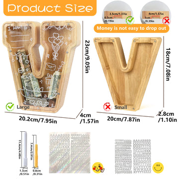 weallbuy Large Letter Piggy Bank for Kids Boys Girls Wooden Personalized Piggy Banks A-Z with Target Area Clear Alphabet Banknote Coin Banks for Gift Decoration Baptism (V)