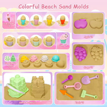 Tagitary Beach Sand Toys for Kids, Beach Toys 23PCS Set with Ice Cream Cake Sand Molds, Mesh Beach Bag, Bucket, Watering Can, Sh