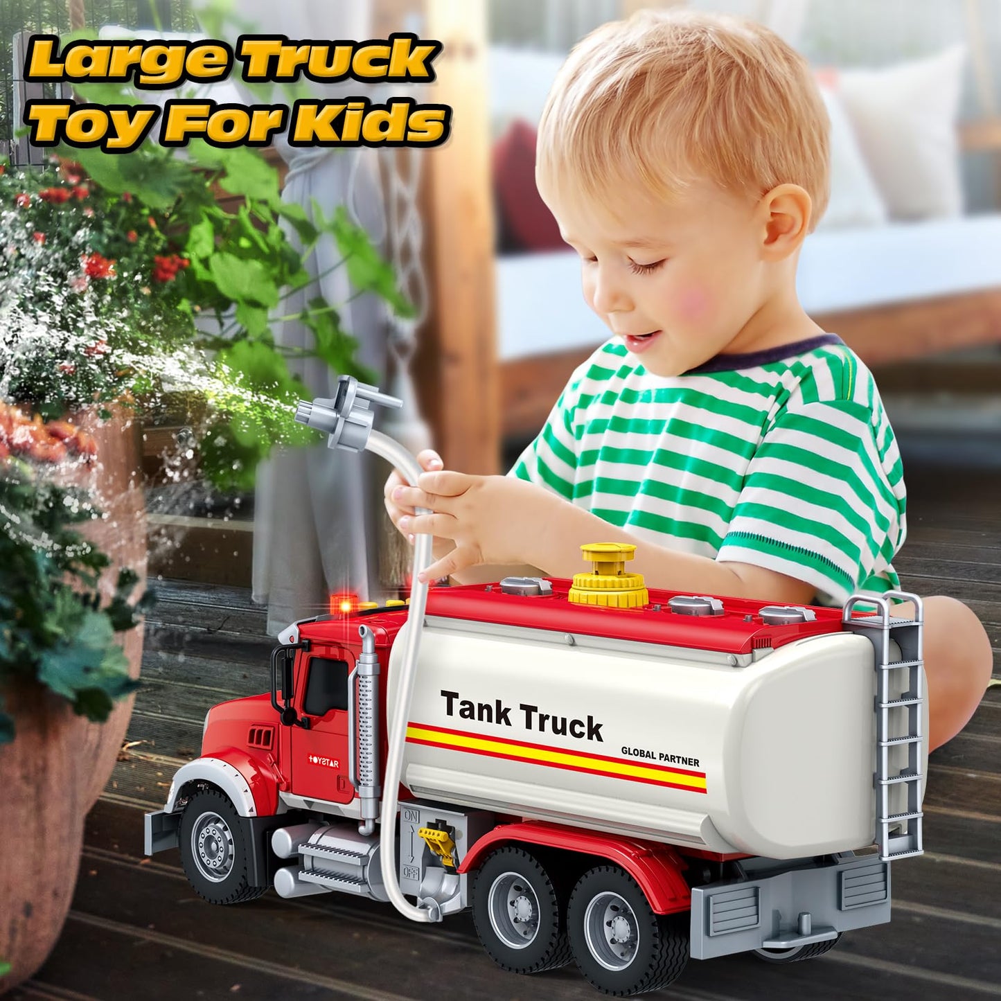 Bstoyder Kids Toys for 3 4 5 6 7 8 Years Old Boys, Large Tanker Truck Toy with Lights, Sounds, Water Pump, Red Toddler Friction