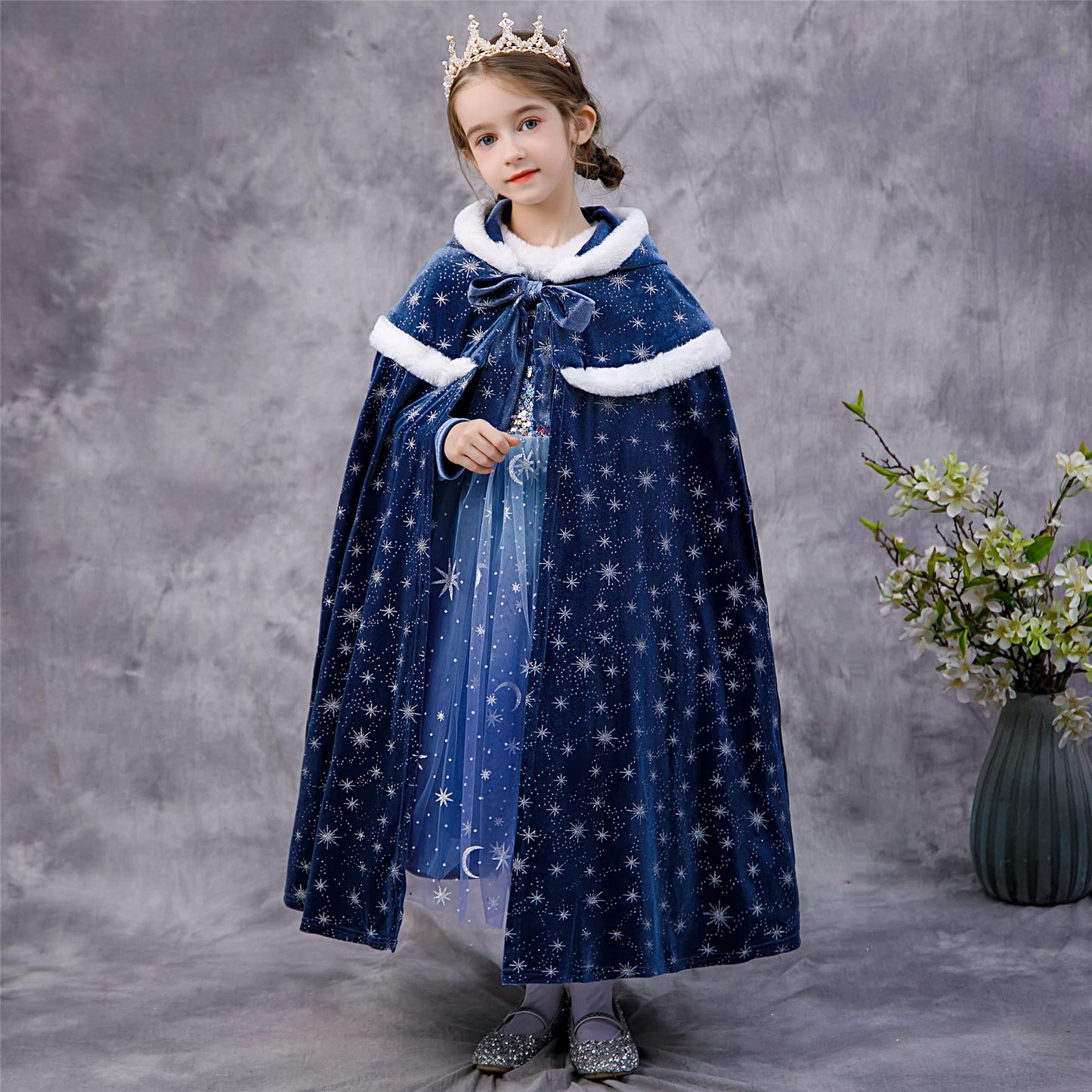 Purfeel 2024 Girls Fleece Warm Hooded Cape Kids Princess Cape For Elsa 7-10Years