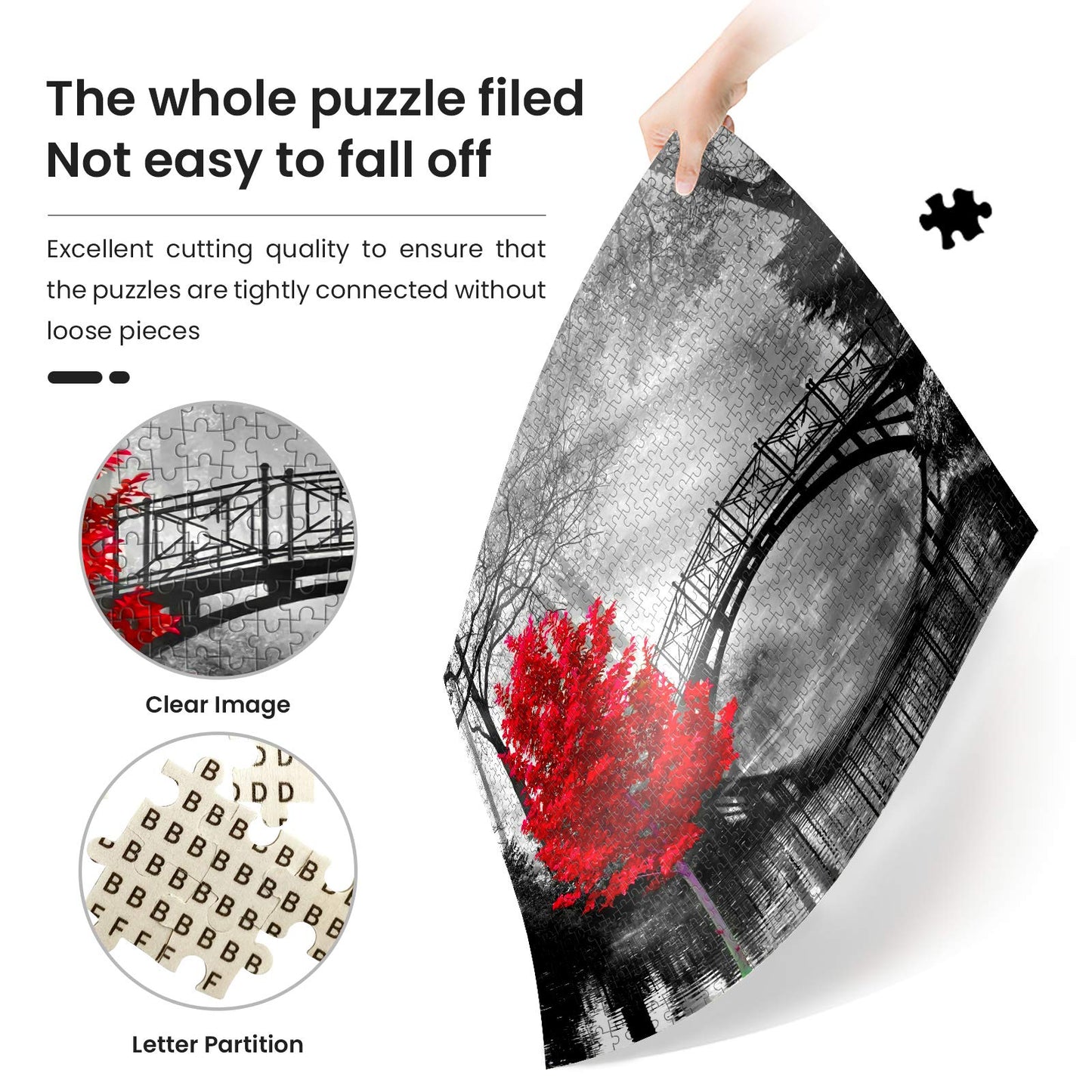 najiaxiaowu mature-themed Puzzle Classic Jigsaw Puzzle 1000 Pieces Wooden Puzzle DIY Black and White Bridge and Red Tree Modern Home Decor Intellectual Game Wall Art Unique Gift 75x50cm