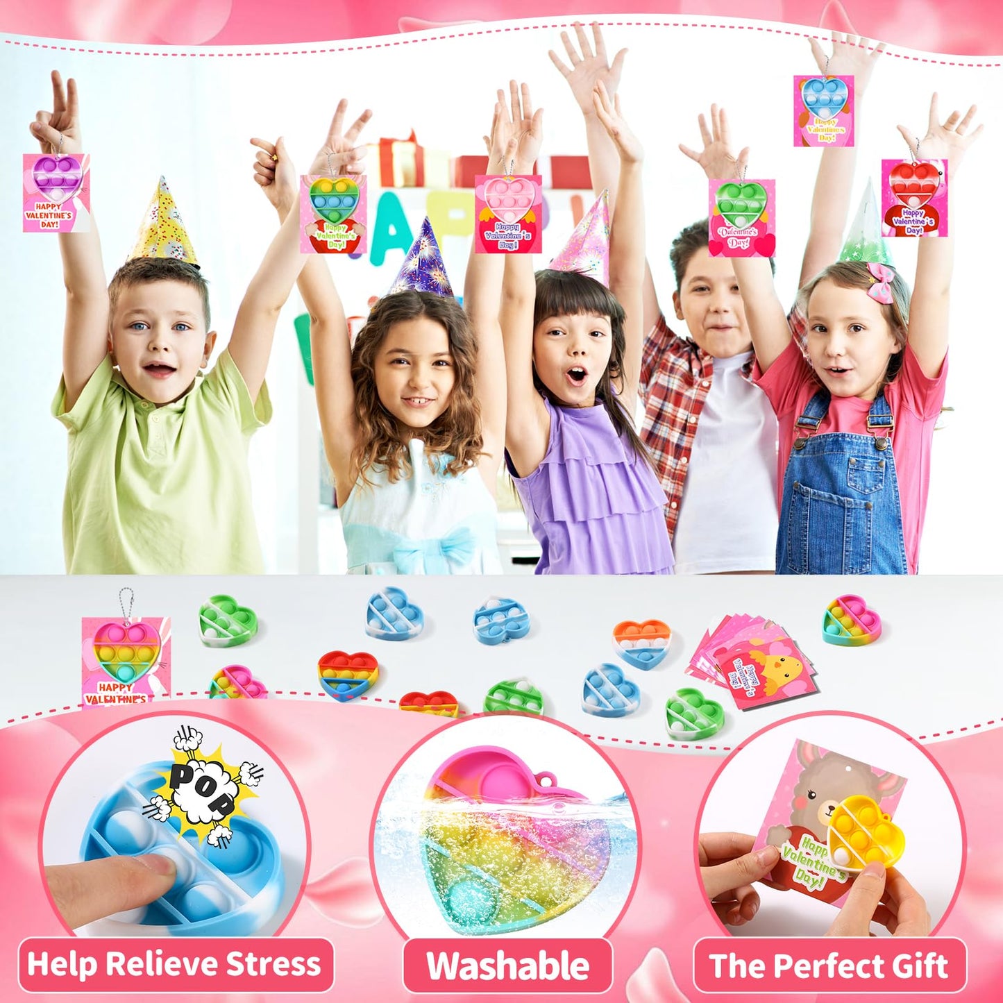Weceit 30Pack Valentines Cards For Kids Classroom With Heart Pop Bubble Fidget Keychain Toys, Bulk Prizes Toys For Valentines Day Party Favors School Classroom Exchange Gifts Pack For Kids