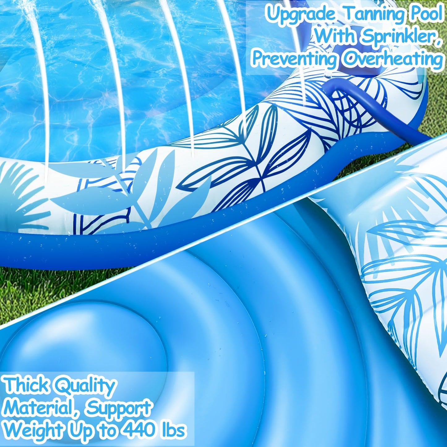 TURNMEON Inflatable Tanning Pool Lounger Float, 72" x 47", Plastic, Blue/Pink, with Backrest & Drink Holder for Adults
