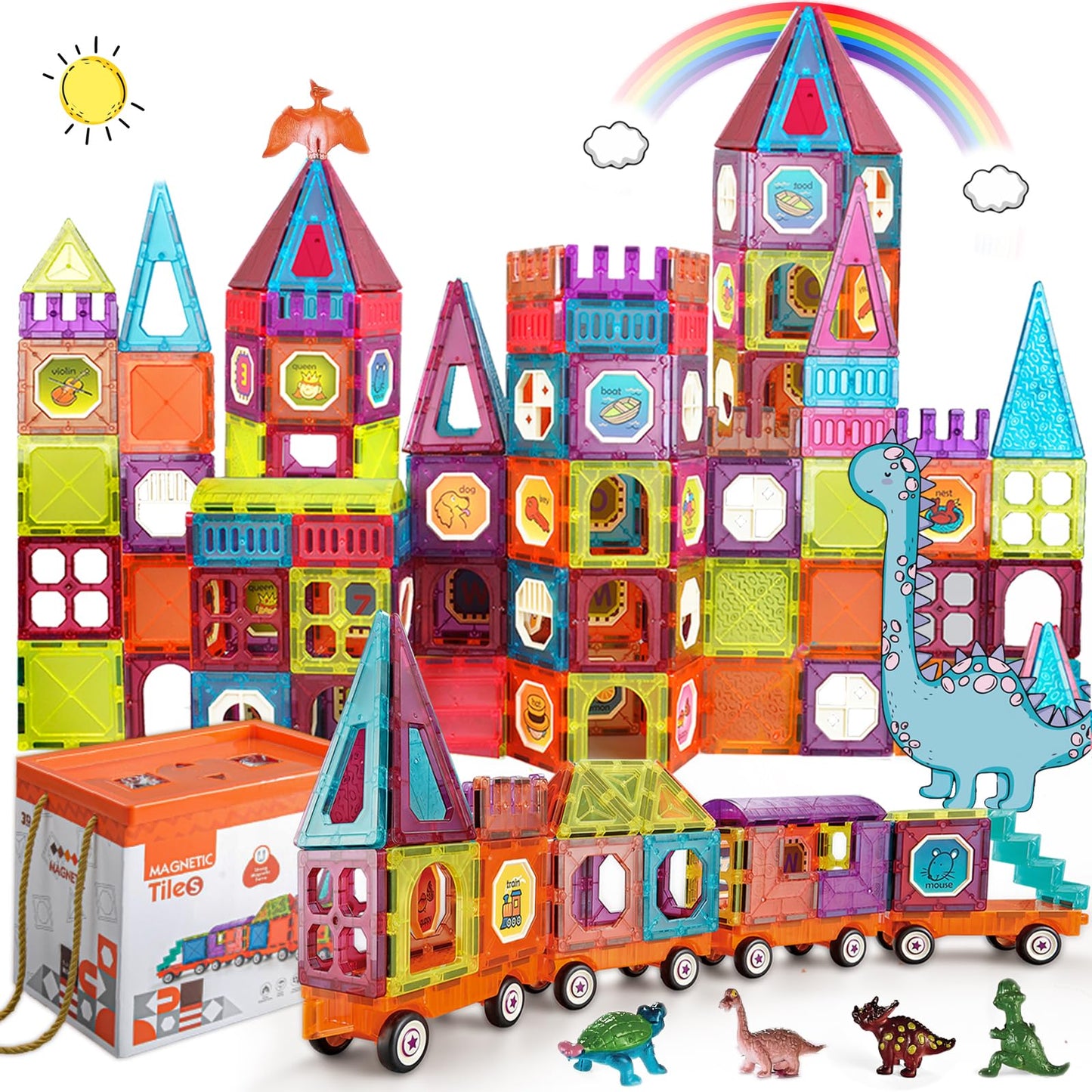 Magnetic Tiles Building Blocks With 4 Cars Magnet Train Set For Kids Construction Stem Toy Preschool Educational Creativity Lear