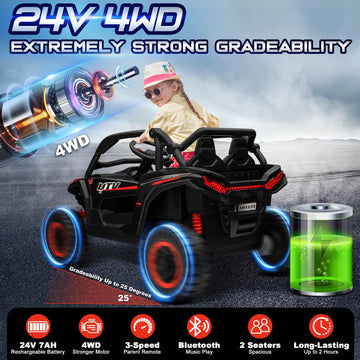 24V 2 Seater Ride on Toys, ANRLI 4X4 Ride on Car Truck w/Remote Control, 4WD/2WD Switchable Kids UTV, 18'' Spacious Seat, 4 Shoc