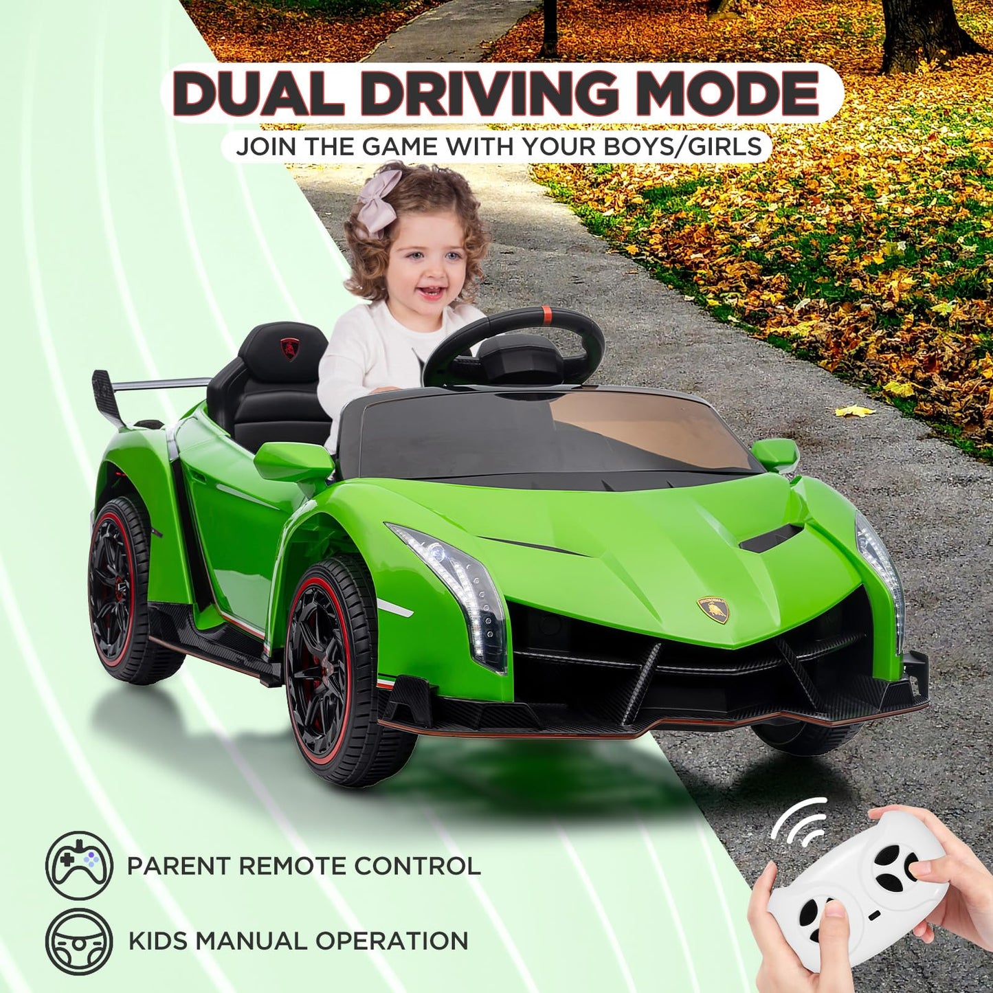 12V Kids Ride On Car, Hetoy Licensed Lamborghini Venono Electric Car W/Parent Remote Control, Scissor Door, 3 Speeds, Led Headlights, Rocking & Music, Battery Powered Ride On Toy For Boys Girls, Green