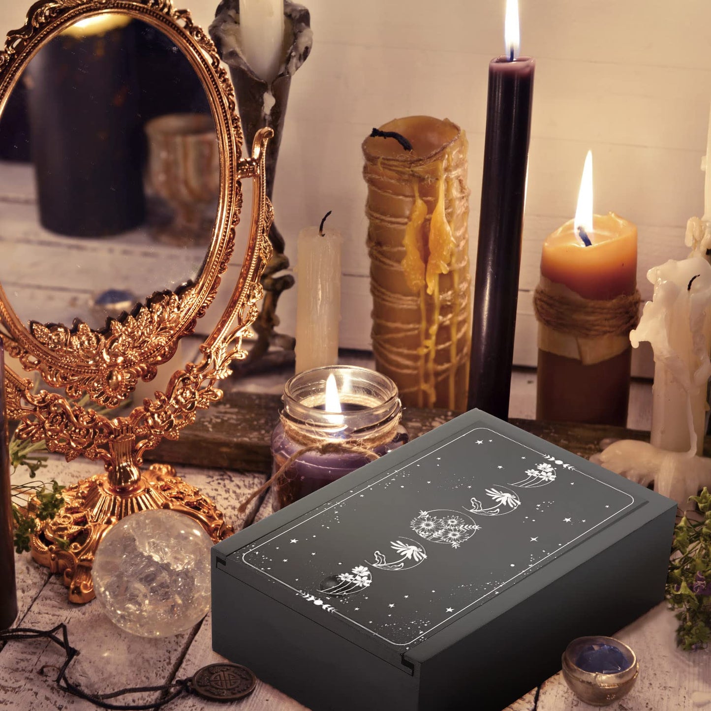 Wooden Tarot Card Case And Wooden Tarot Card Stand Holder, Tarot Cards Box Fortune Telling Trinket Keepsake Box With Pendulum Board Moon Shape Tarot Card Altar Display Stand For Witch (Novel Style)