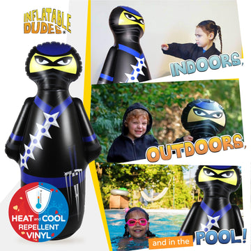 Inflatable Dudes Ninja Punching Bag - 47" Bop Bag, Pre-filled with Sand, Black/Blue PVC Toy for Kids, Bounce-Back Action (Model 2)