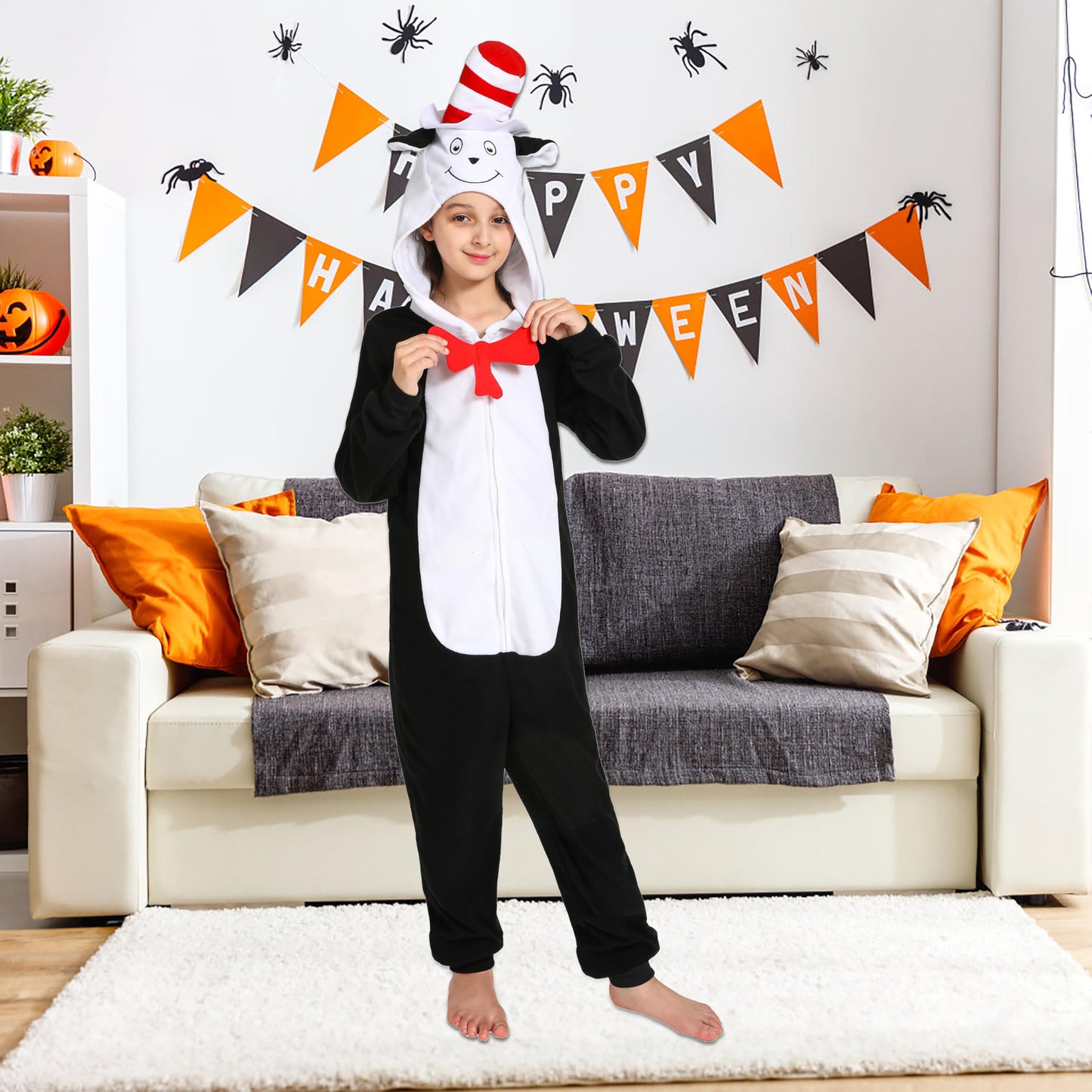 Rabtero Kids Cat In The Hat Costume, Girls Book Character Costume, Boys Dr Seuss Costume, Children Animal Onesie Novelty One-Piece Pajamas, Halloween Christmas Cosplay Costume For Kids 8-10