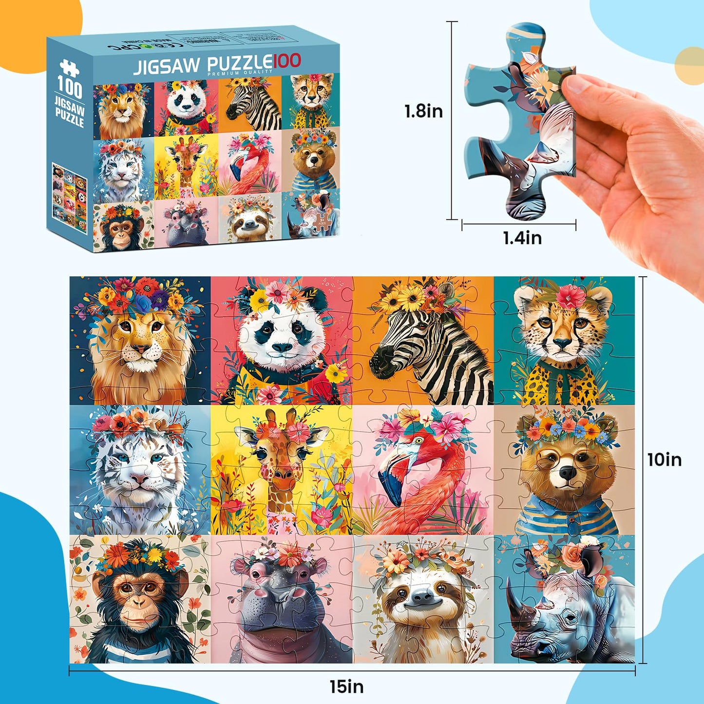 100 Pieces Puzzles For Kids Ages 4-8 | Beautiful Wild Animals Jigsaw Puzzles | Large 100 Piece Puzzle For Toddler Children | Sturdy,Safe | Engaging & Educational Toys Great Gift For Boys Girls,15X10In