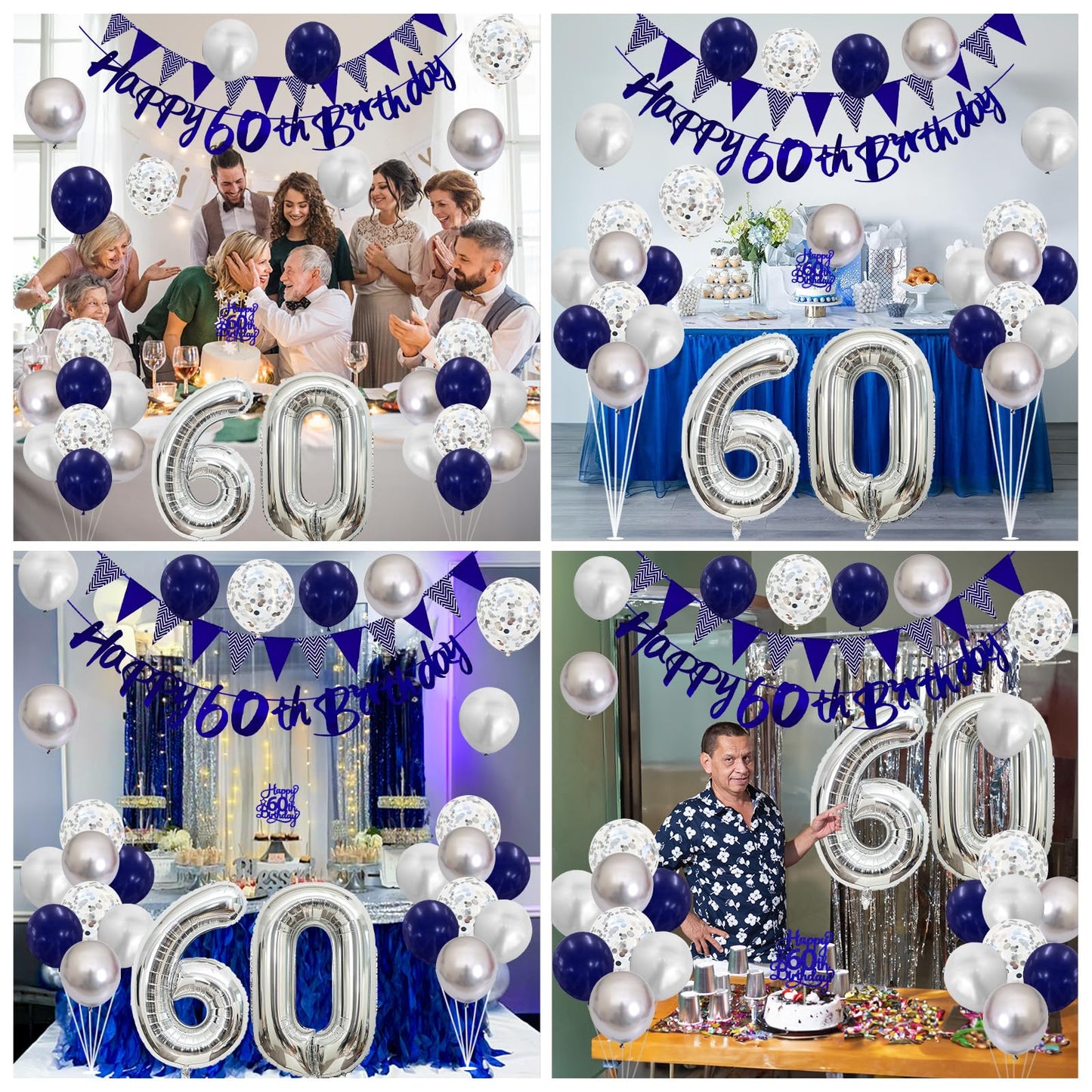 60Th Birthday Decorations For Men, Navy Blue Silver 60Th Birthday Balloons With Blue Happy 60Th Birthday Banner 70 Birthday Cake