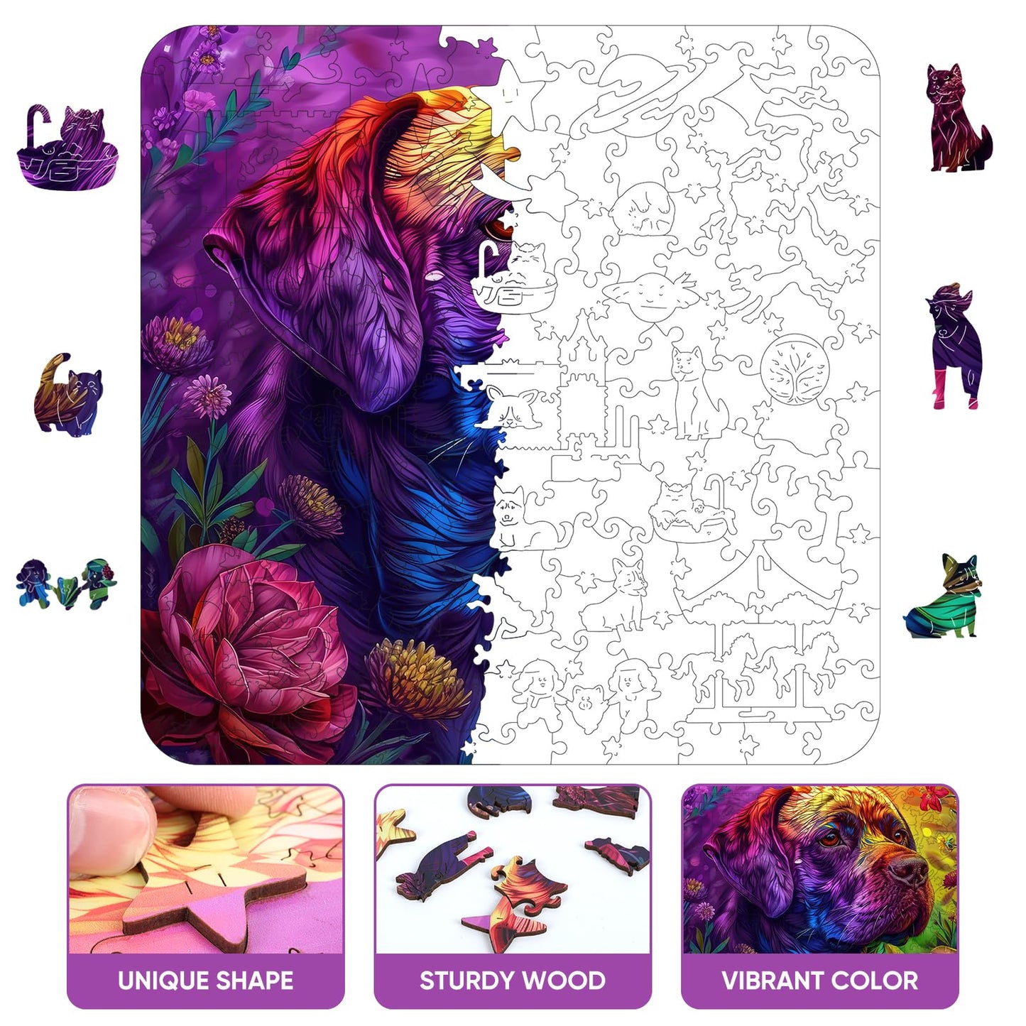 Qiuenisray Wooden Jigsaw Puzzles-Colored Dog,200Pcs,11.3X11.3In,Medium,Wooden Puzzles For Adults,Unique Shape Animal Adult Puzzl