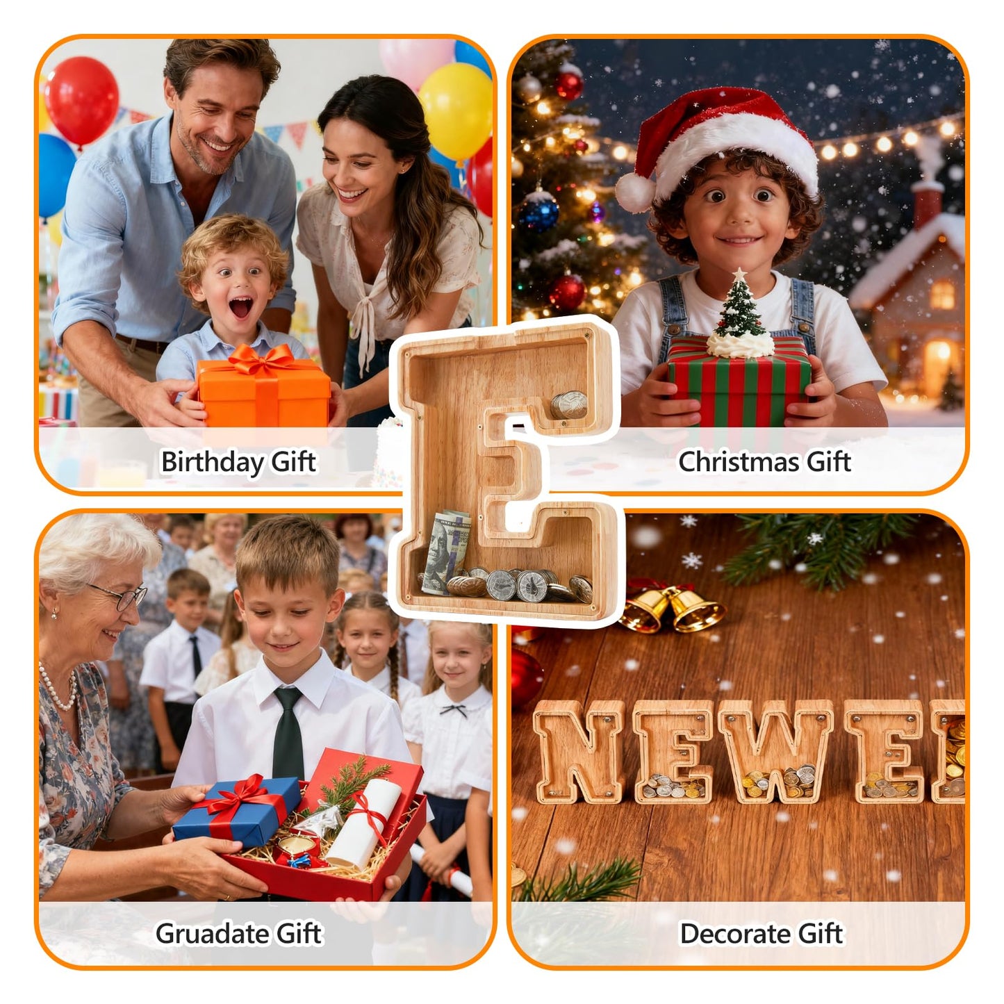 Wooden Letter Piggy Bank for Kids Initial Coin Bank for Boys and Girls First Name Personalized Savings Bank for Birthday Boys Girls Gift Piggy Bank for Kids (Wood S9-E)