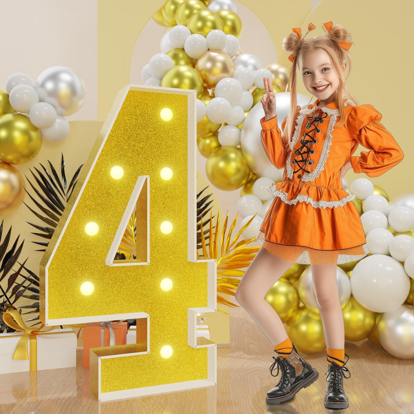 Imprsv Marquee Numbers Gold 3Ft: Golden Party Decor - Light Up Number 4 Large 3 Feet Tall - Birthday Decorations For Him Her 4Th